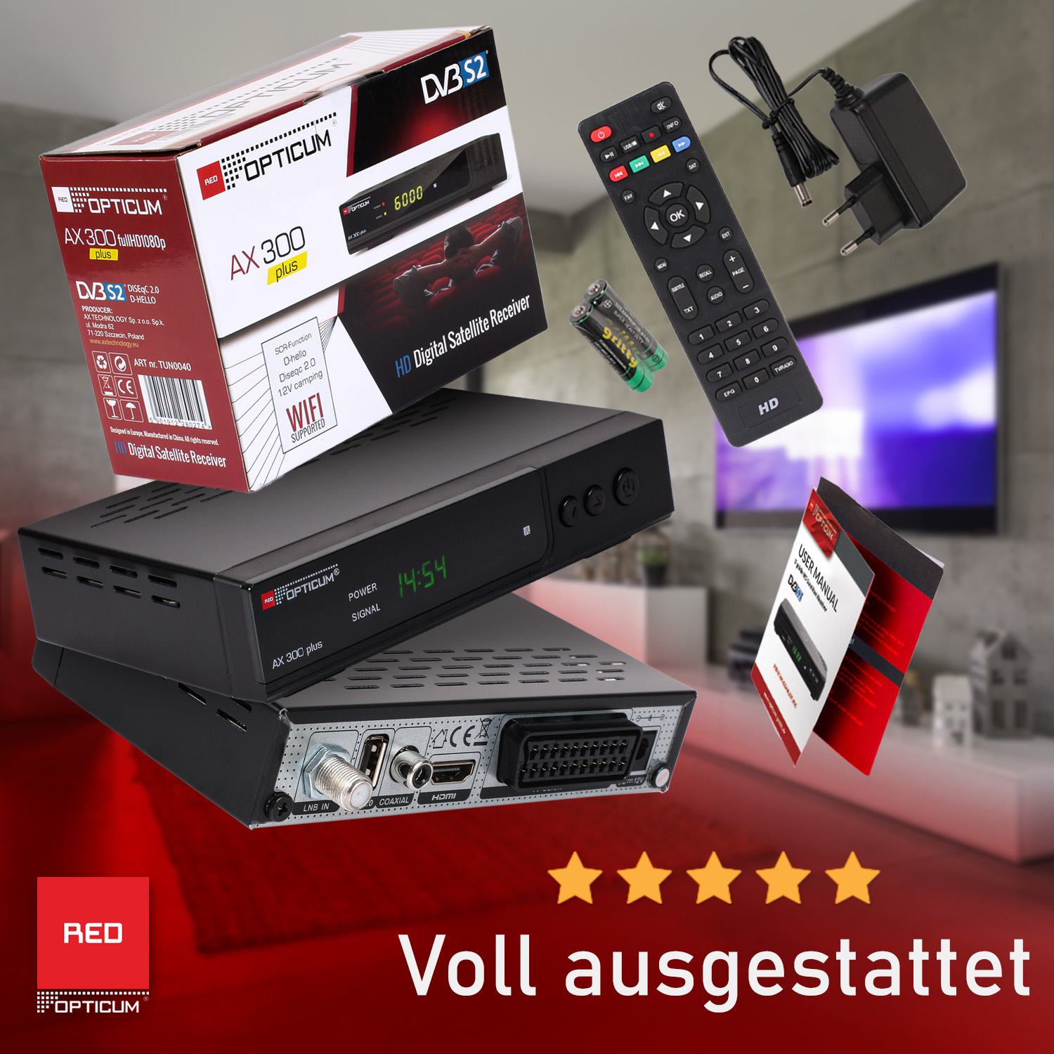 (HDTV, DVB-S2 - DVB-S2 schwarz) DVB-S2, USB Plus SCART - Satelliten-Receiver 300 Sat Digitaler AX Receiver Receiver HD DVB-S, HD - RED - OPTICUM HDMI 2.0 I