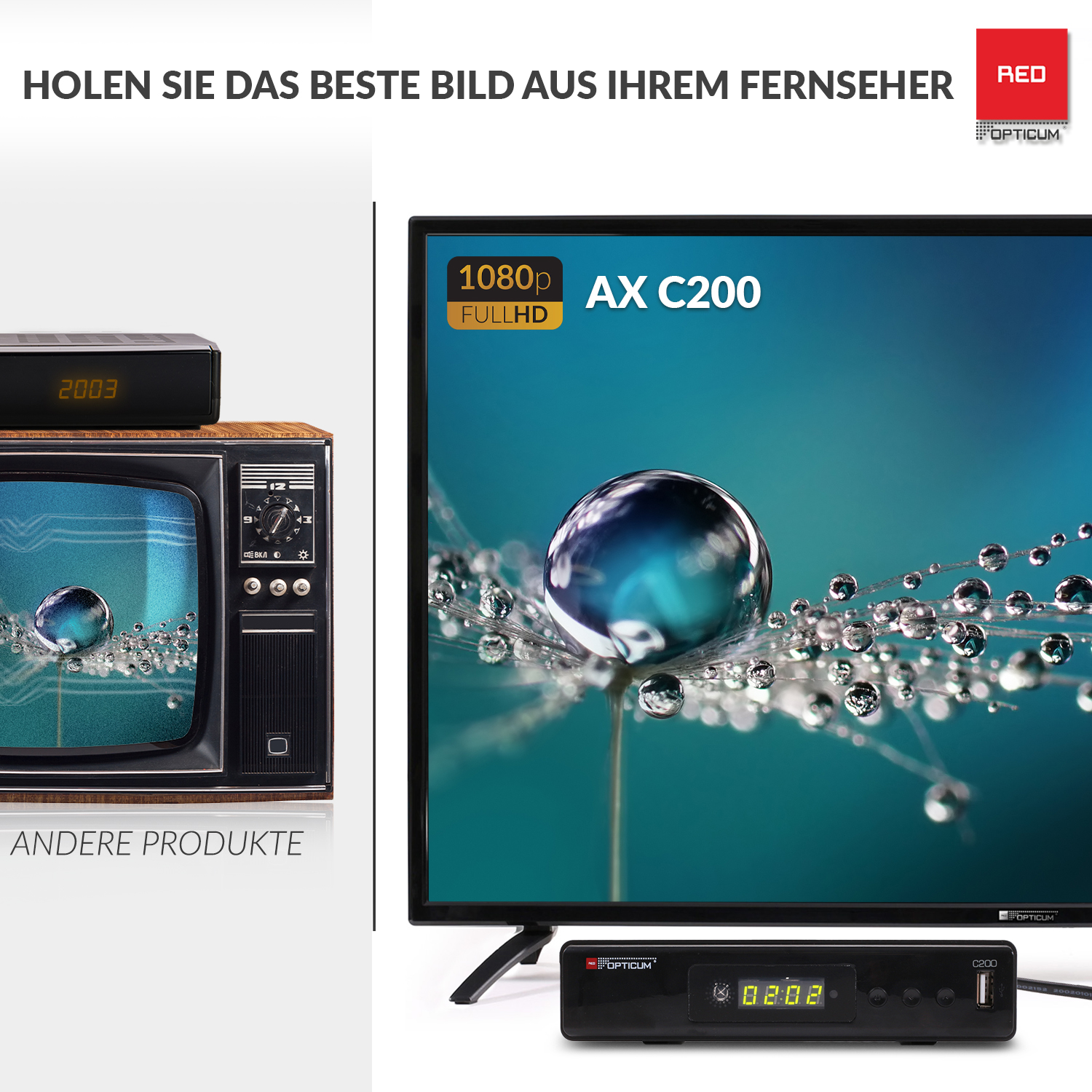 Ein Fernseher mit Wassertropfenbild und eine Empfängerbox mit digitaler Anzeige.