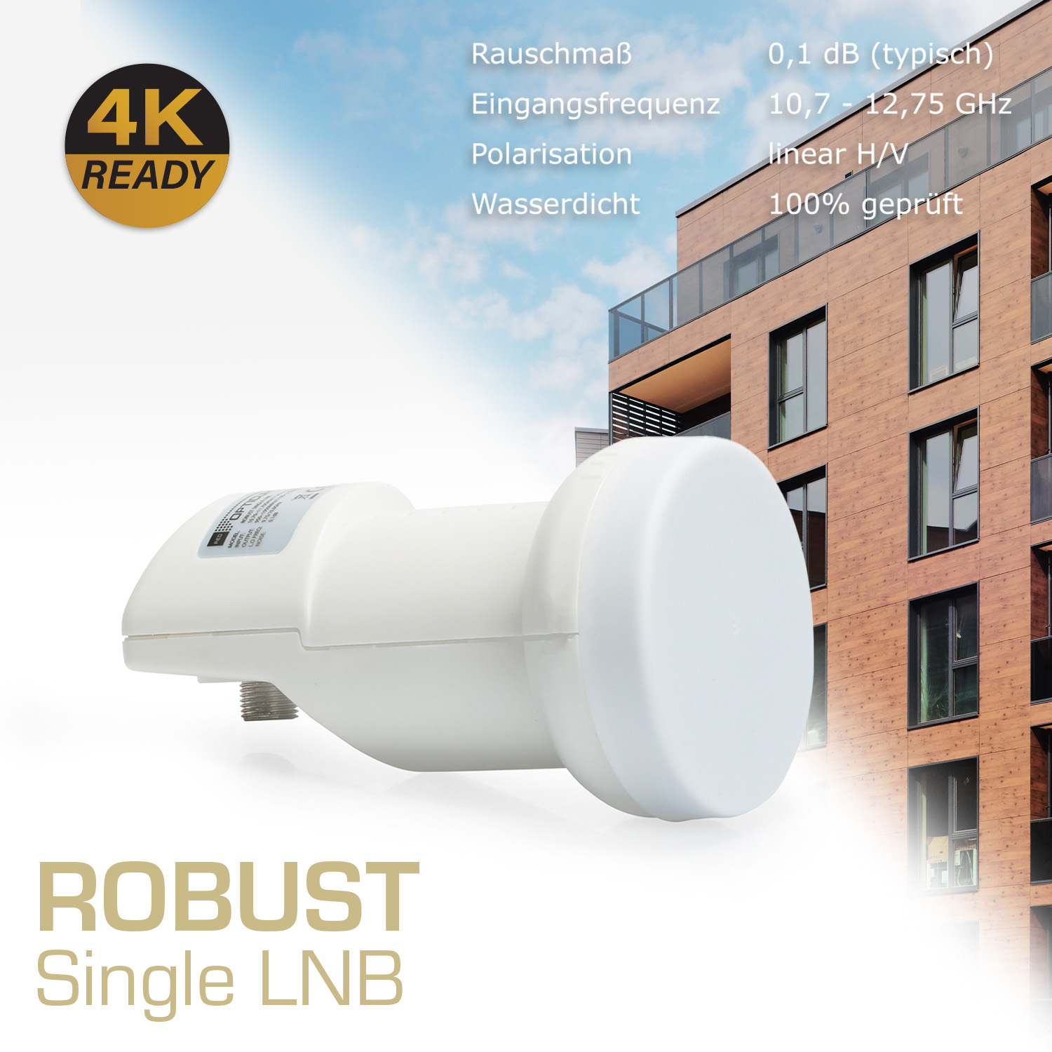 Weißer LNB-Satellitenempfänger mit Text, der Spezifikationen und das Label '4K READY' detailliert.