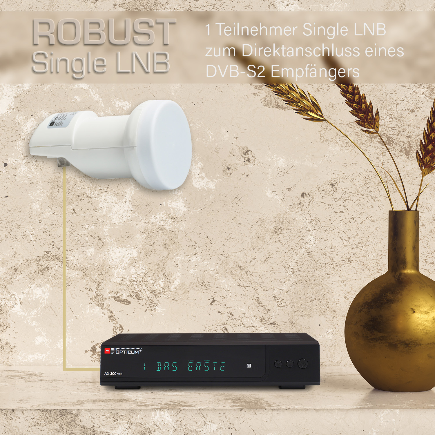 Weißer Satellitenempfänger mit goldener Vase, Weizenähren und Text über den Empfänger.
