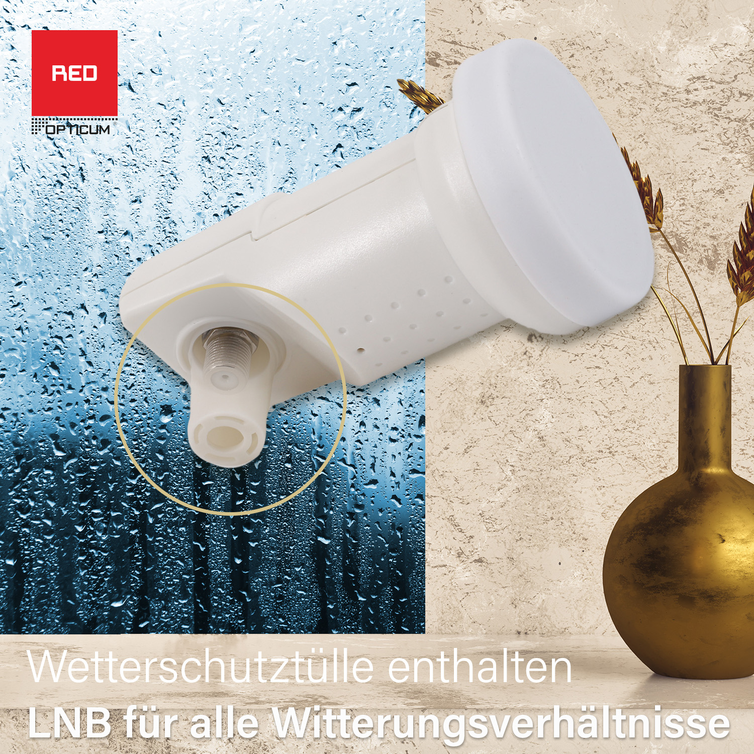 Weißes Satelliten-LNB mit weißer Abdeckung, Text und blauem und beigem Hintergrund.