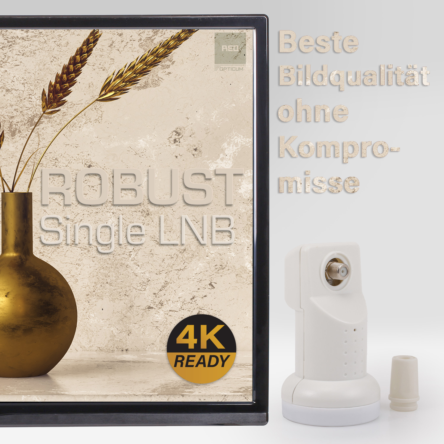 Ein Satellitenempfänger mit Rahmen. Text und Weizen sind im Hintergrund. 4K-Ready-Label befindet sich in der Ecke.