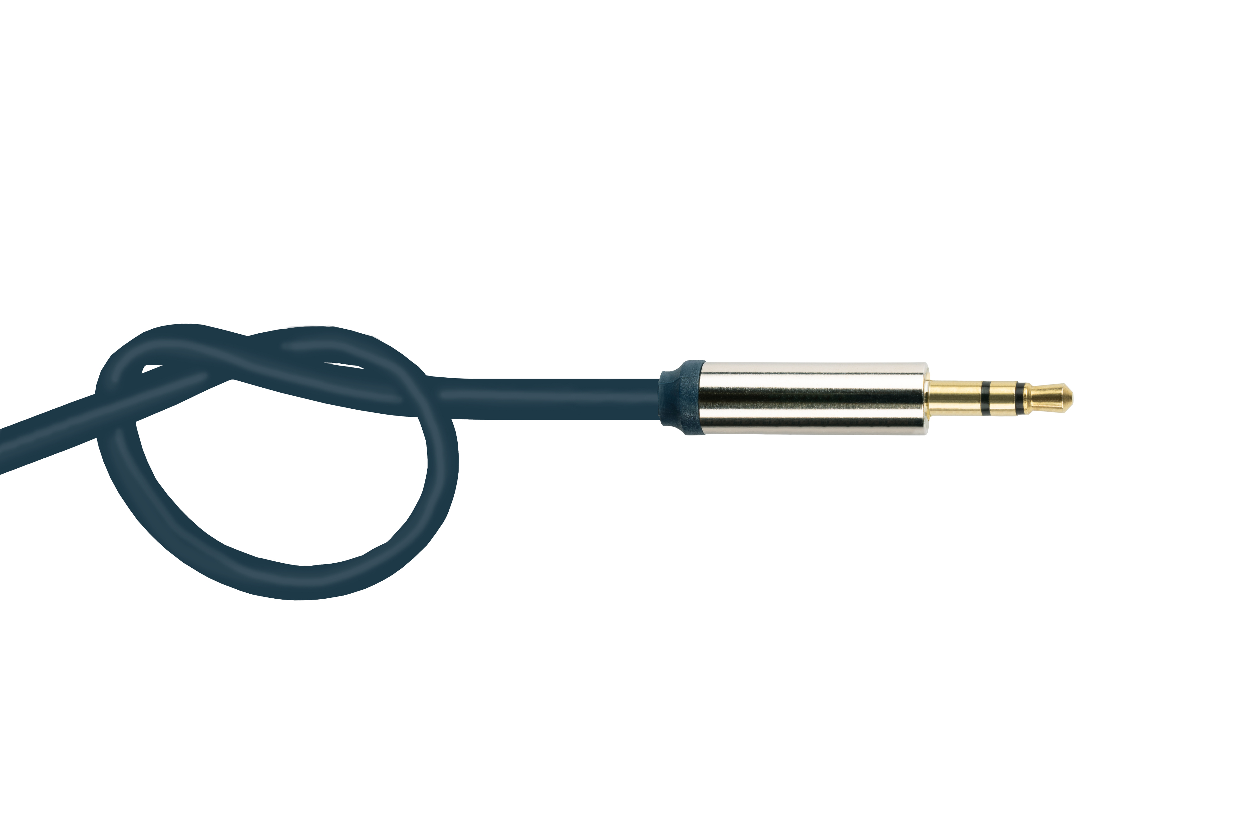 Ein blaues Audiokabel mit Knoten und goldfarbenem Audioanschluss.