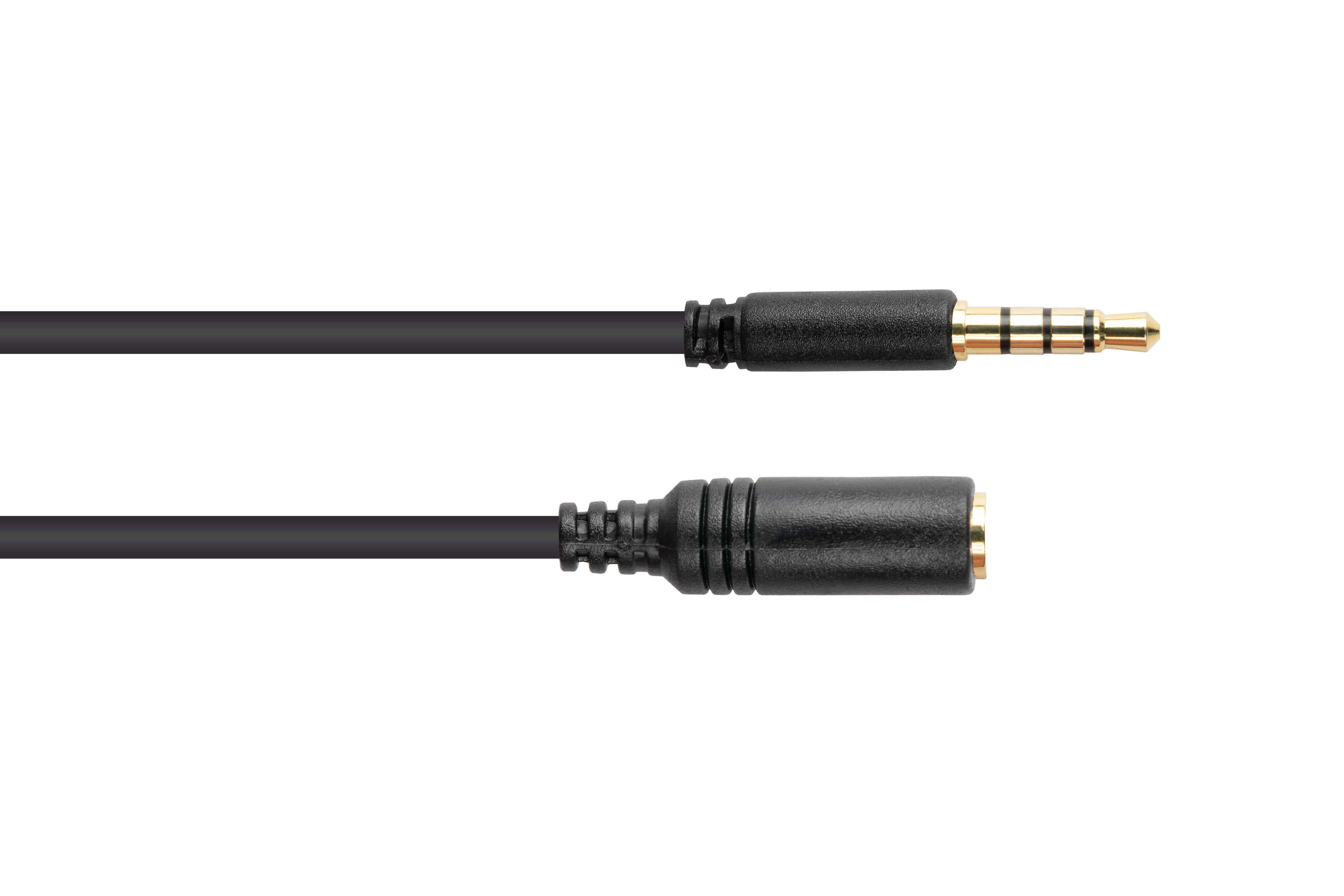 Schwarzes Audiokabel mit goldfarbenem Stecker und schwarzer Buchse.