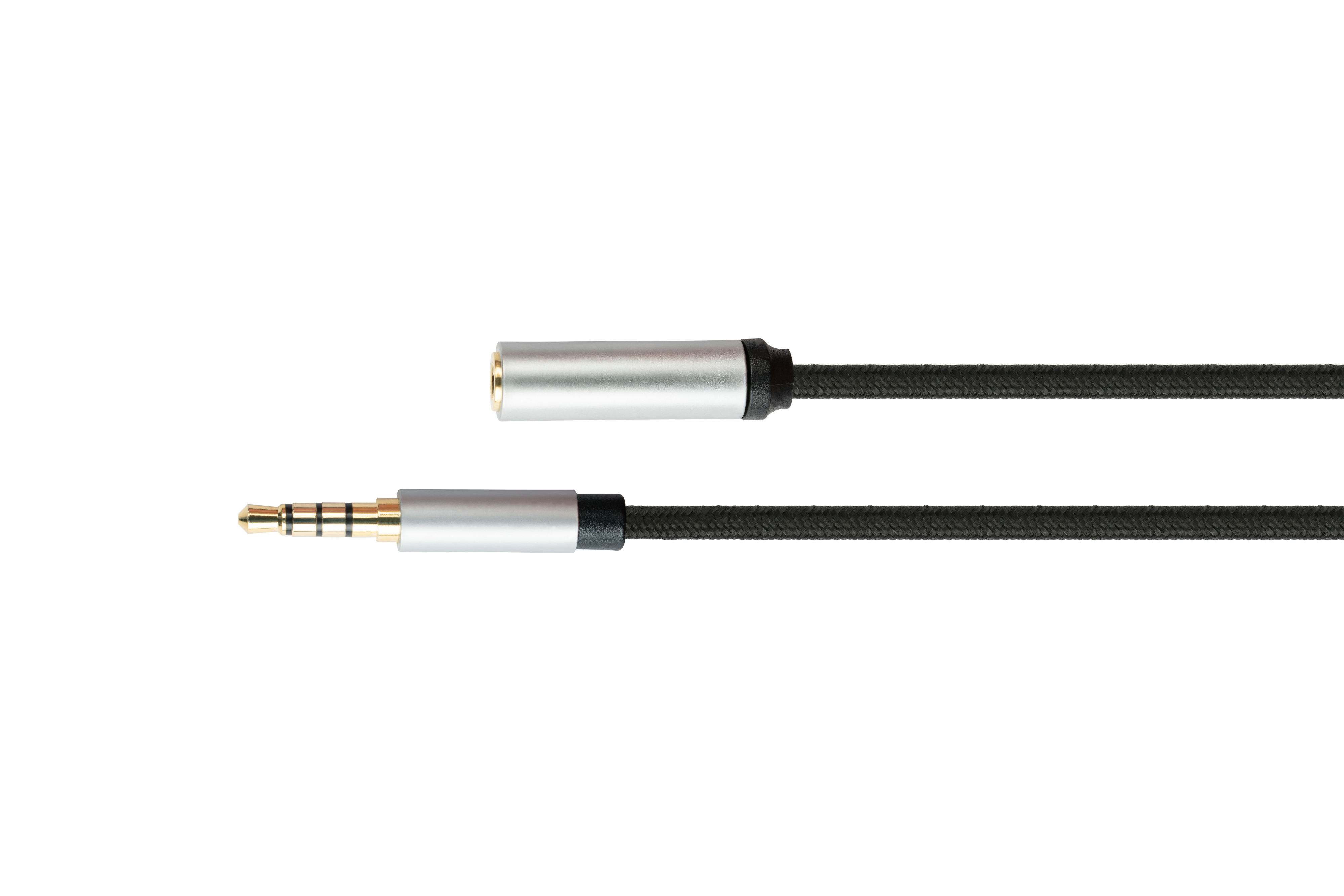 PYTHON High-Quality, 4-poliger 3,5mm Klinkenstecker Verlängerungskabel schwarz Audio Textilmantel, an Klinkenbuchse
