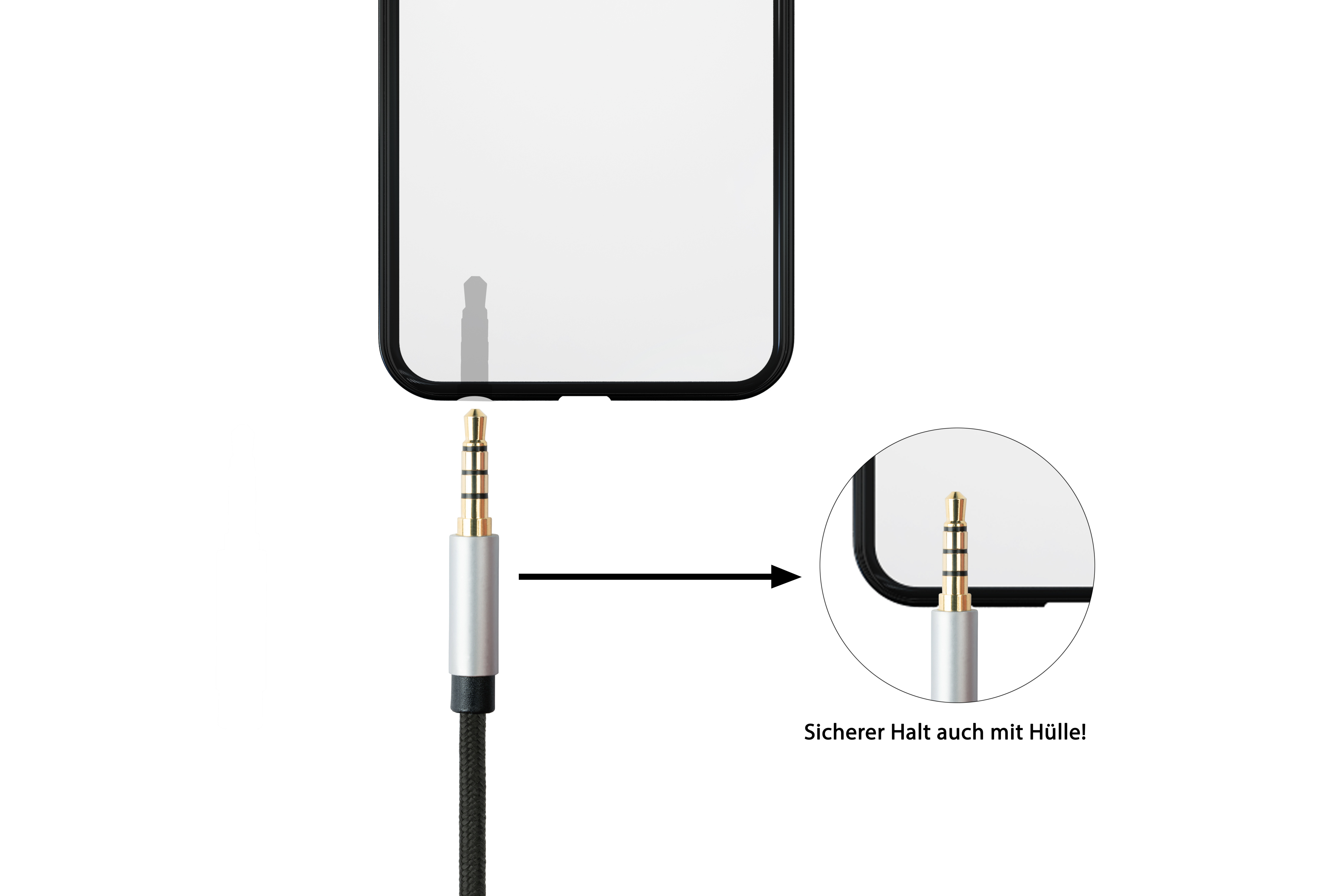 Telefon mit Klinke und Adapter. Ein Pfeil zeigt die Verbindung mit der Schutzhülle.