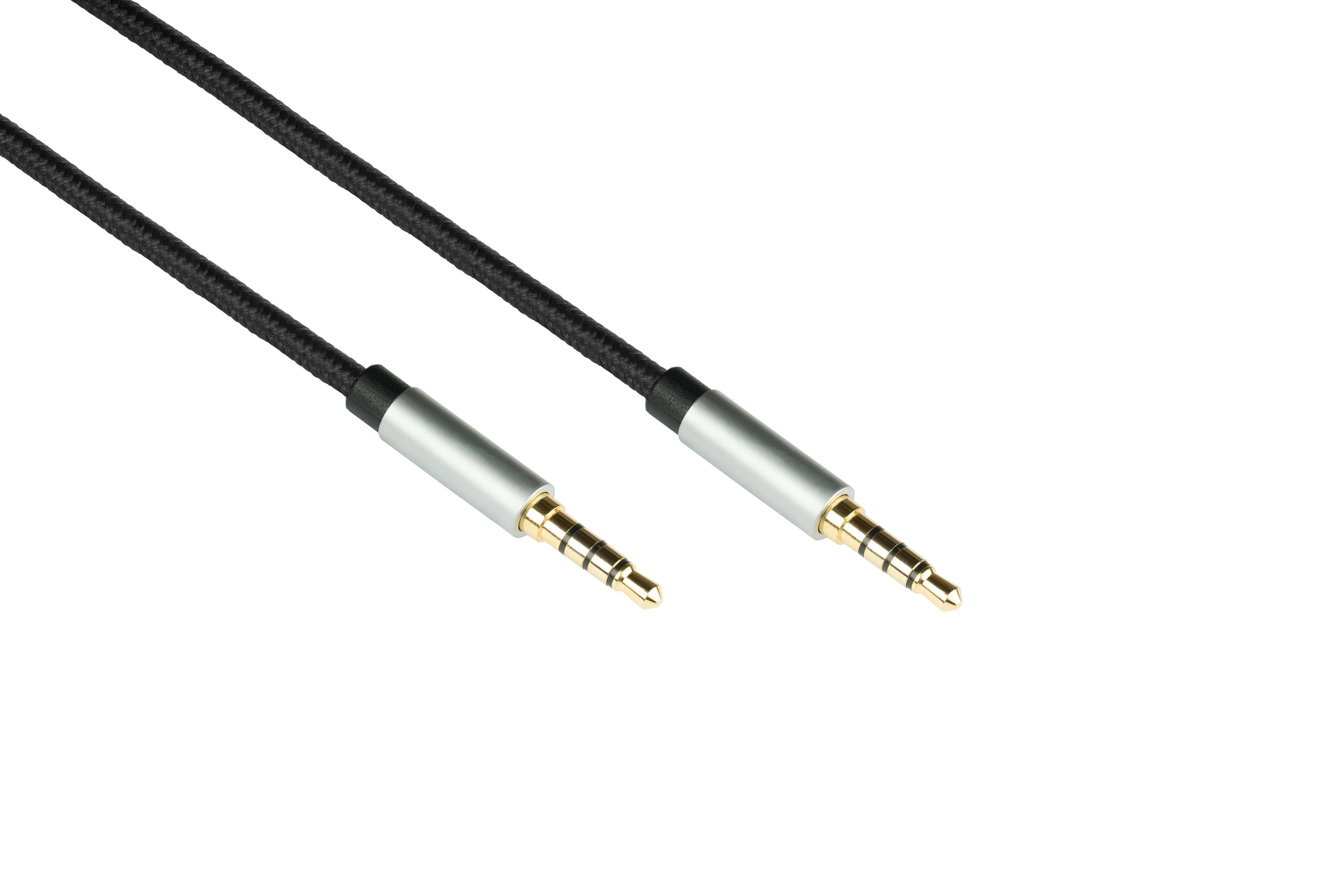 Zwei Audiokabel mit Gold- und Silbersteckern. Weißer Hintergrund.