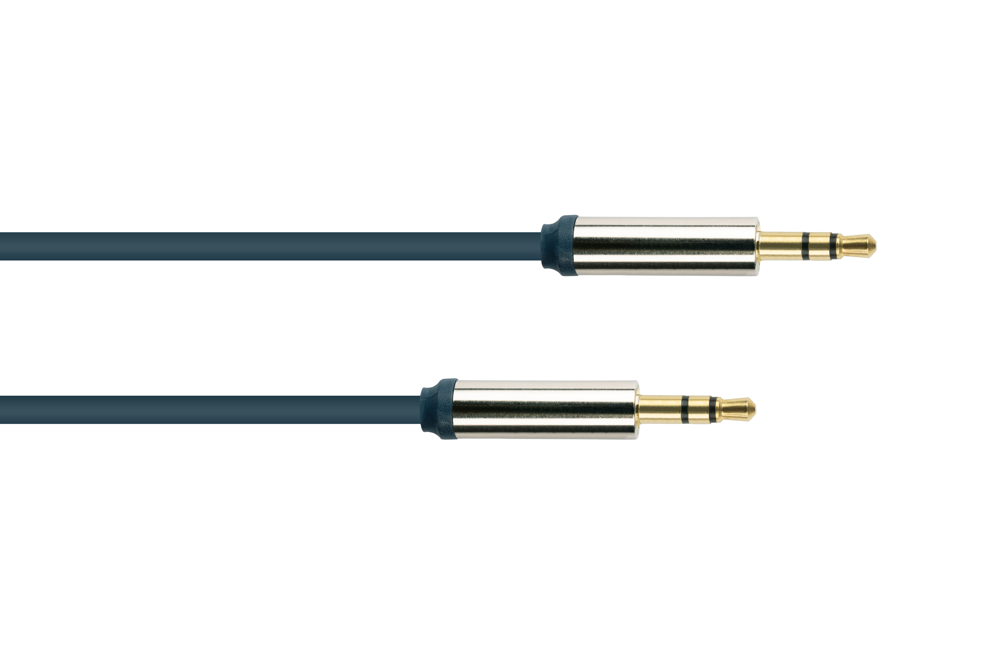 Zwei blaue Audiokabel mit goldfarbenen Steckern auf weißem Hintergrund.