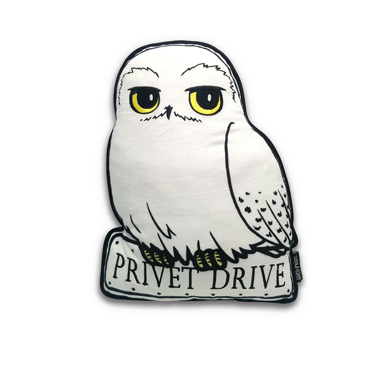 Ein weißes Eulen-Kissen mit Privet Drive-Text. Es hat gelbe Augen und ist im Cartoon-Stil.
