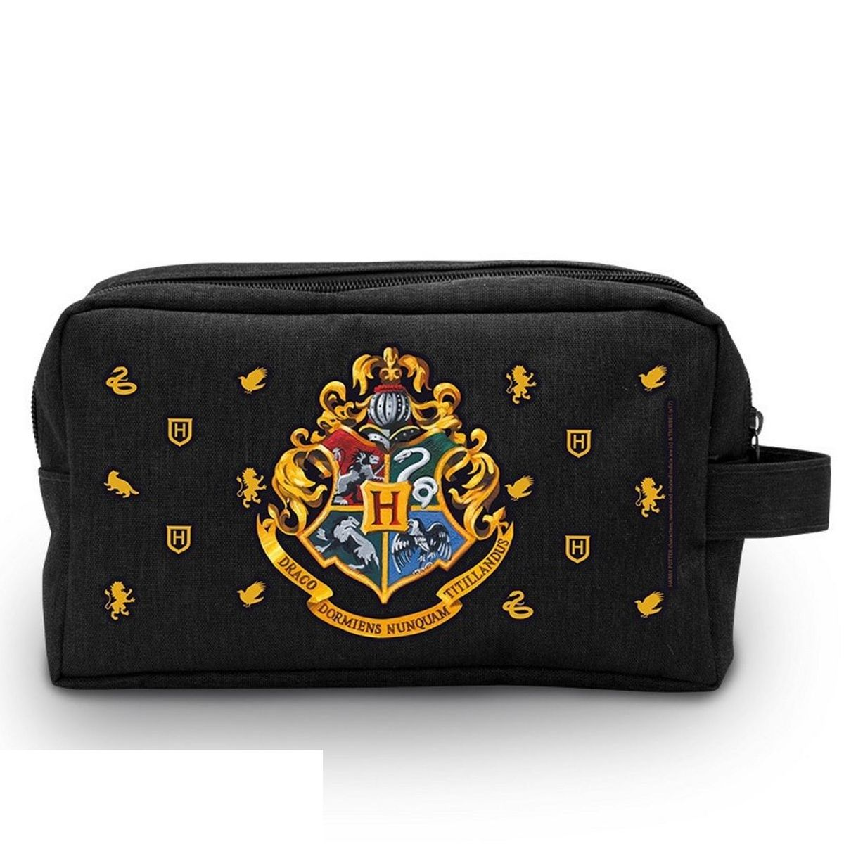 Schwarze Kosmetiktasche mit Harry Potter-Wappen, goldenen Details und Griff.