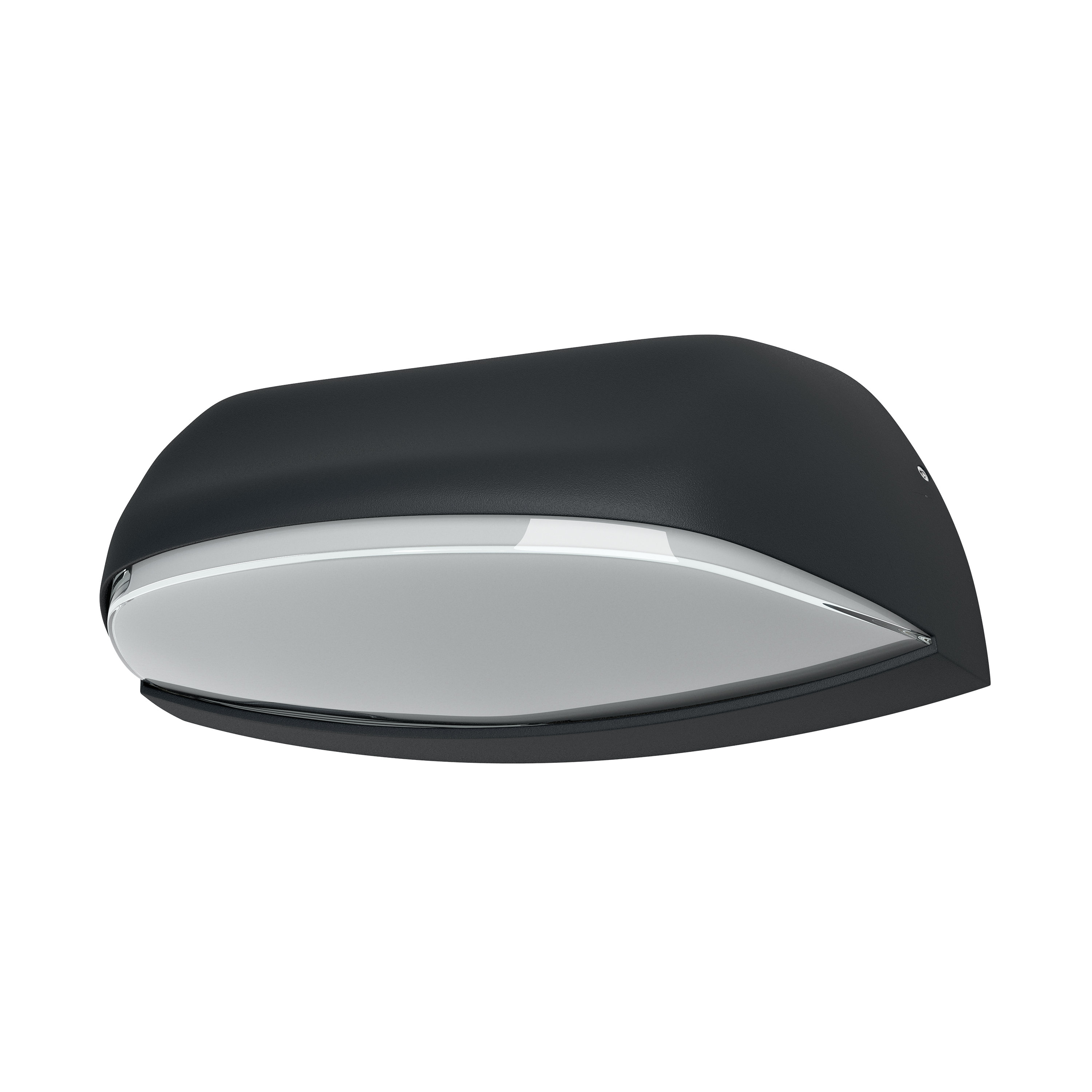 Ein schwarzer Autoseitenspiegel mit weißem Lichtstreifen und geschwungenem Design.