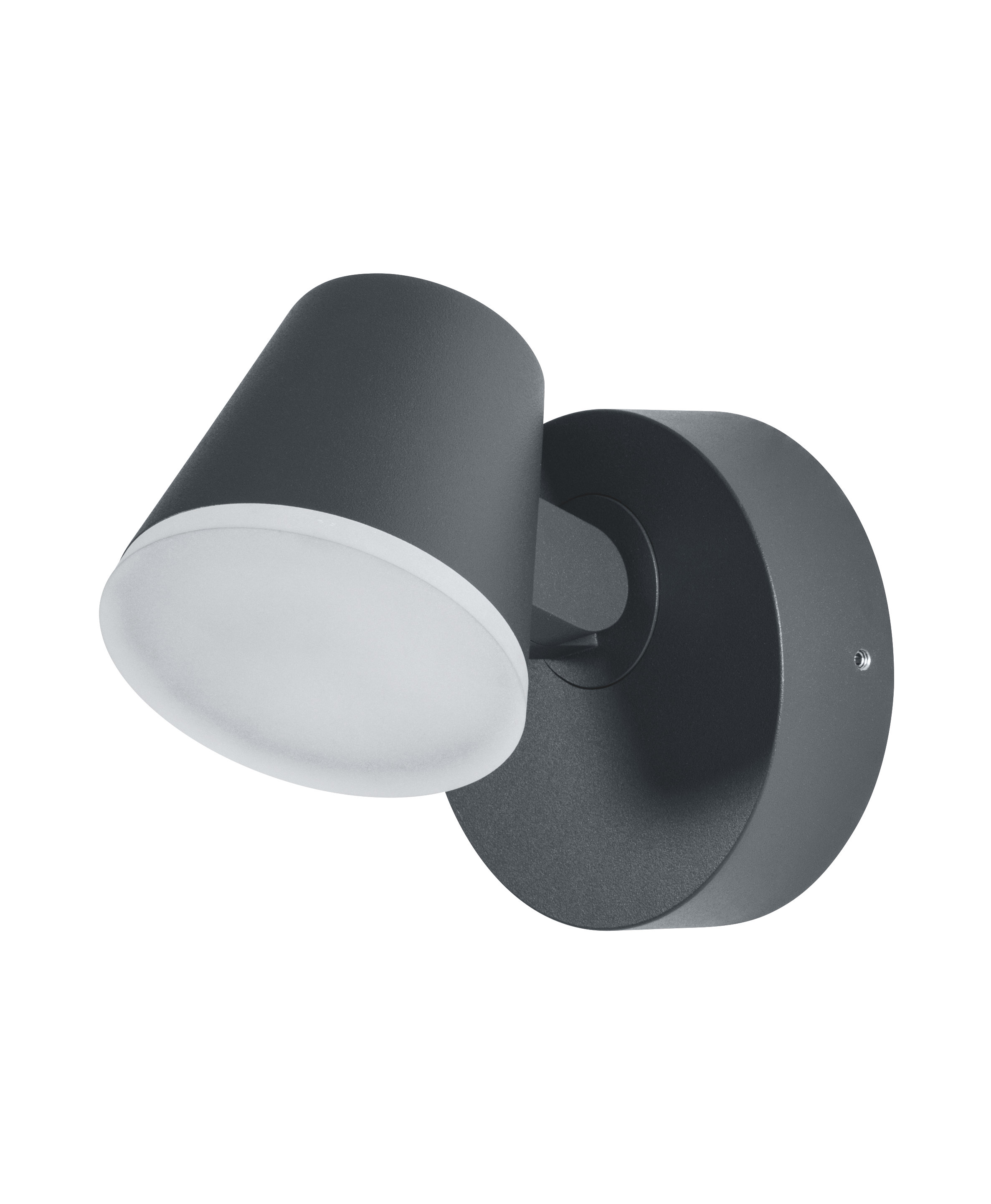 Dunkelgraue, an der Wand montierte Außenlampe mit weißer Lichtquelle. Nach rechts abgewinkelt.