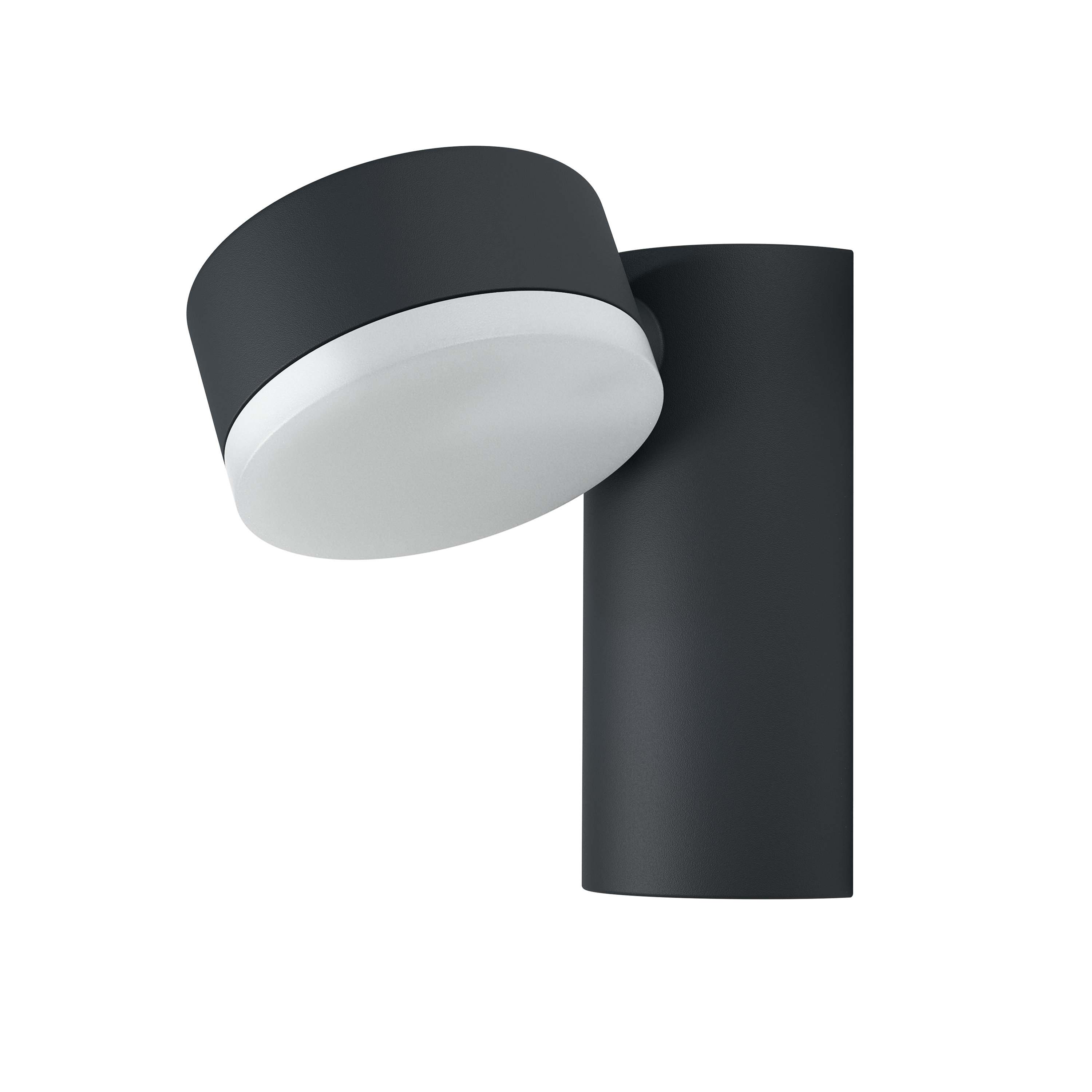 Una lampada da esterno nera con luce bianca, montata su sfondo bianco.