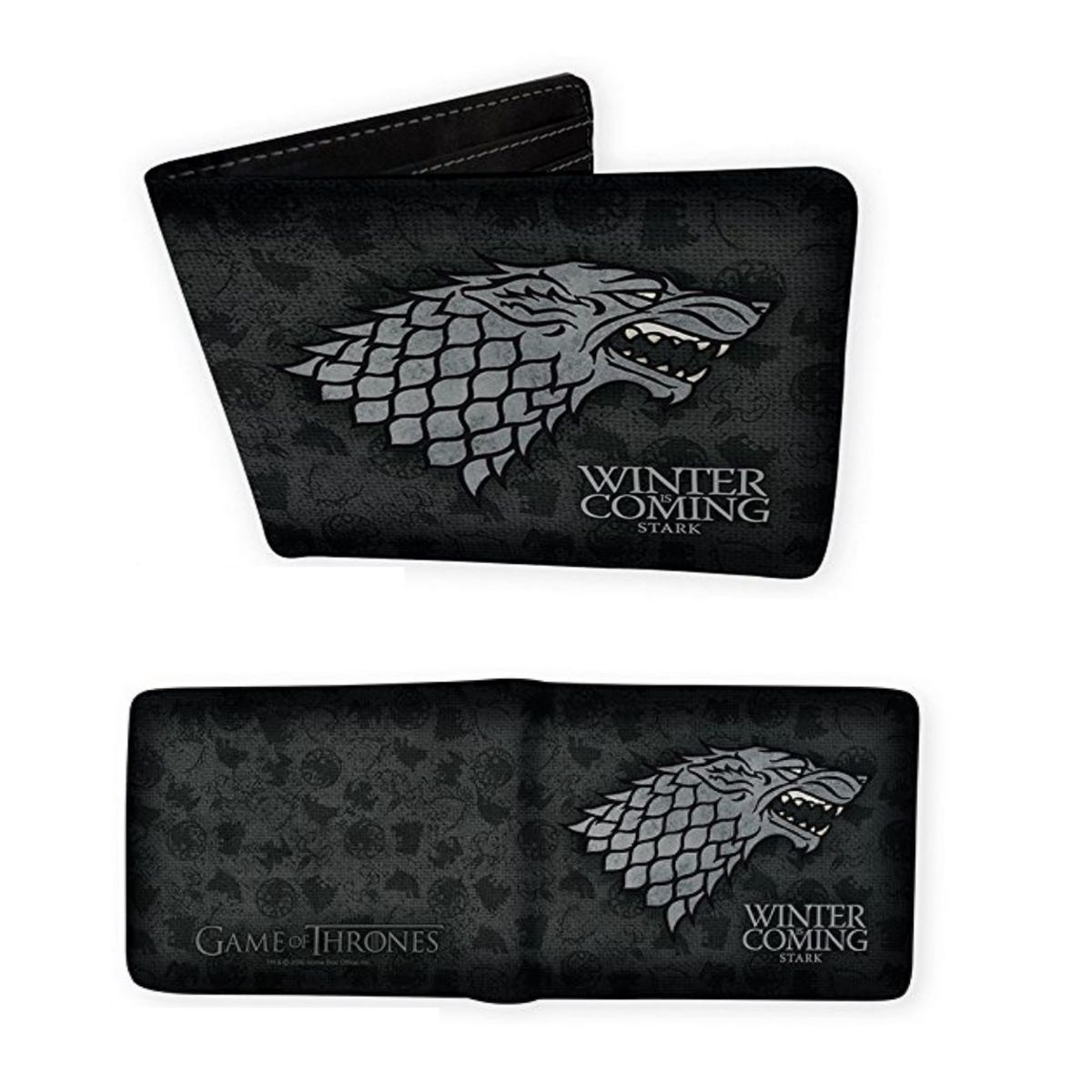 Geöffnete Game of Thrones-Geldbörse mit Stark-Wolf-Logo auf schwarzem Hintergrund.