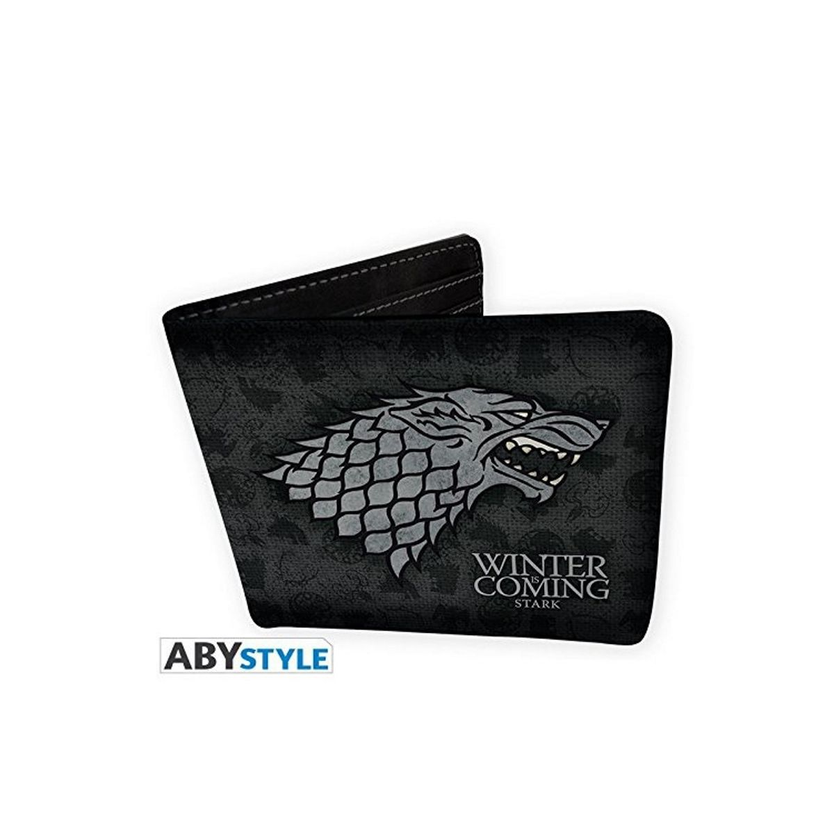 Geldbörse mit einem Wolf darauf. Text: WINTER IS COMING STARK. ABYSTYLE-Logo darauf.