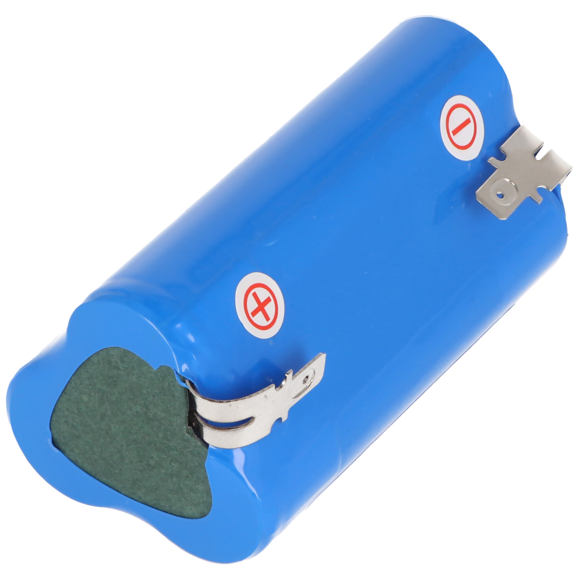 Blauer Akku mit Metallanschlüssen und Warnsymbolen.