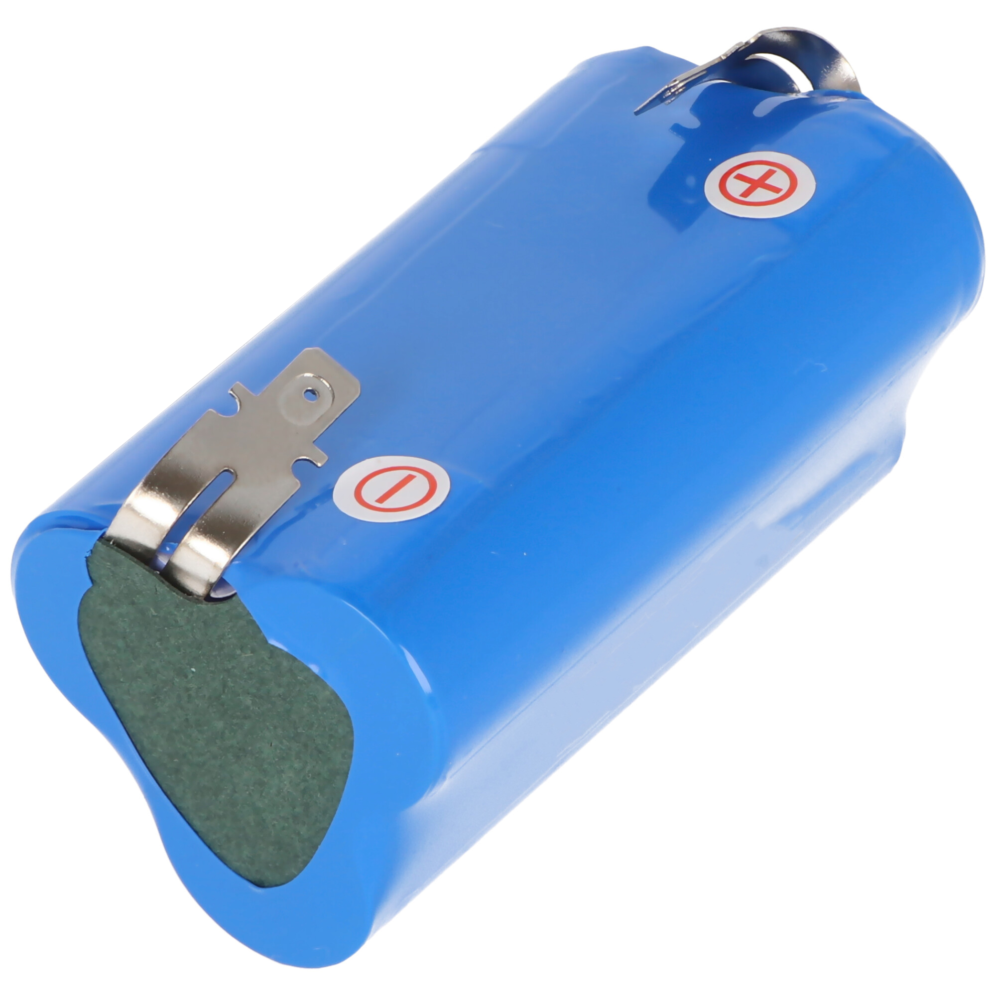 Eine blaue Batterie mit Metallanschlüssen und Warnsymbolen.