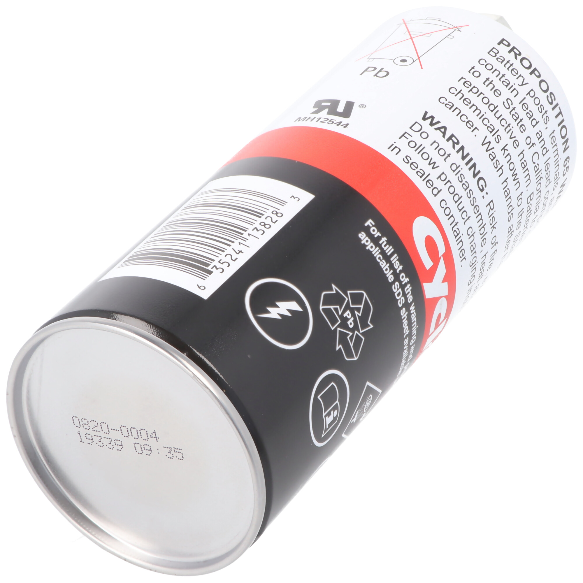 Eine zylindrische Dose mit einem schwarz-roten Etikett. Warnhinweis und ein Pb-Symbol sind sichtbar. Die Dose ist geneigt.