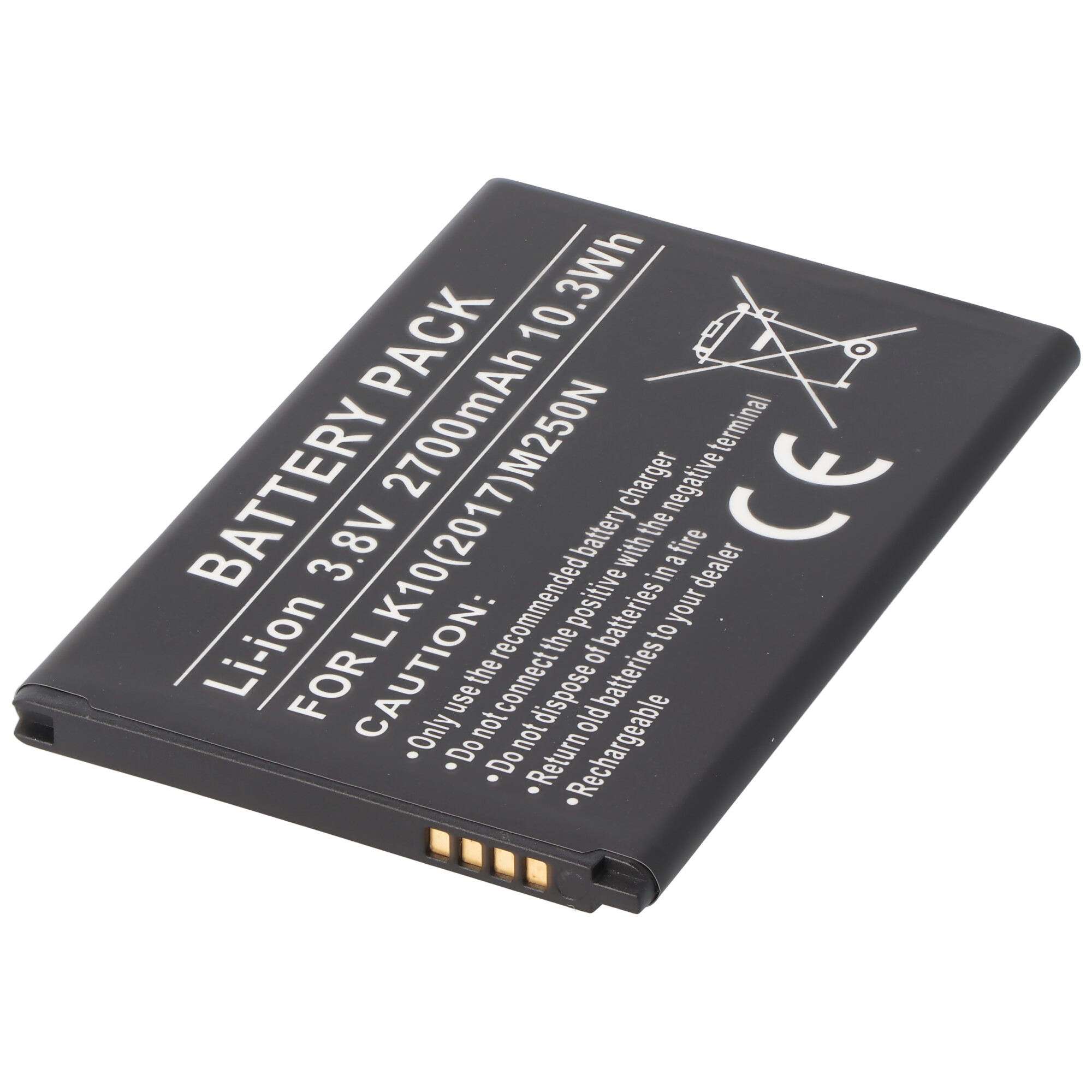 Schwarzes Akku-Pack, Text: "Battery Pack", "Li-ion 3.8V" und Warnhinweise. Weißer Hintergrund.