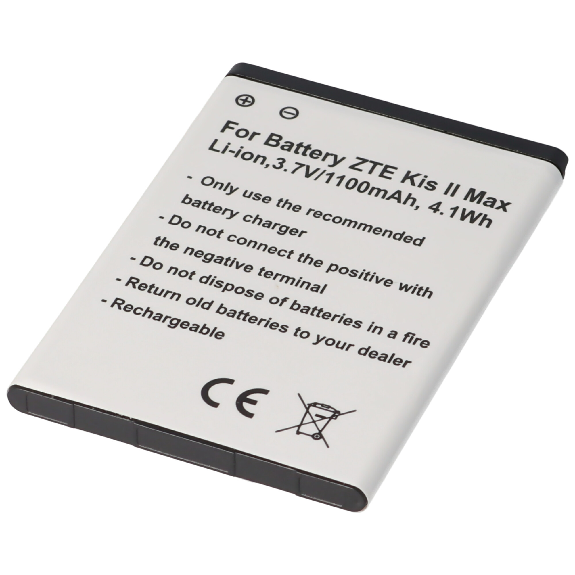 Weiße Batterie mit schwarzem Text. Warnhinweise sind ebenfalls sichtbar.
