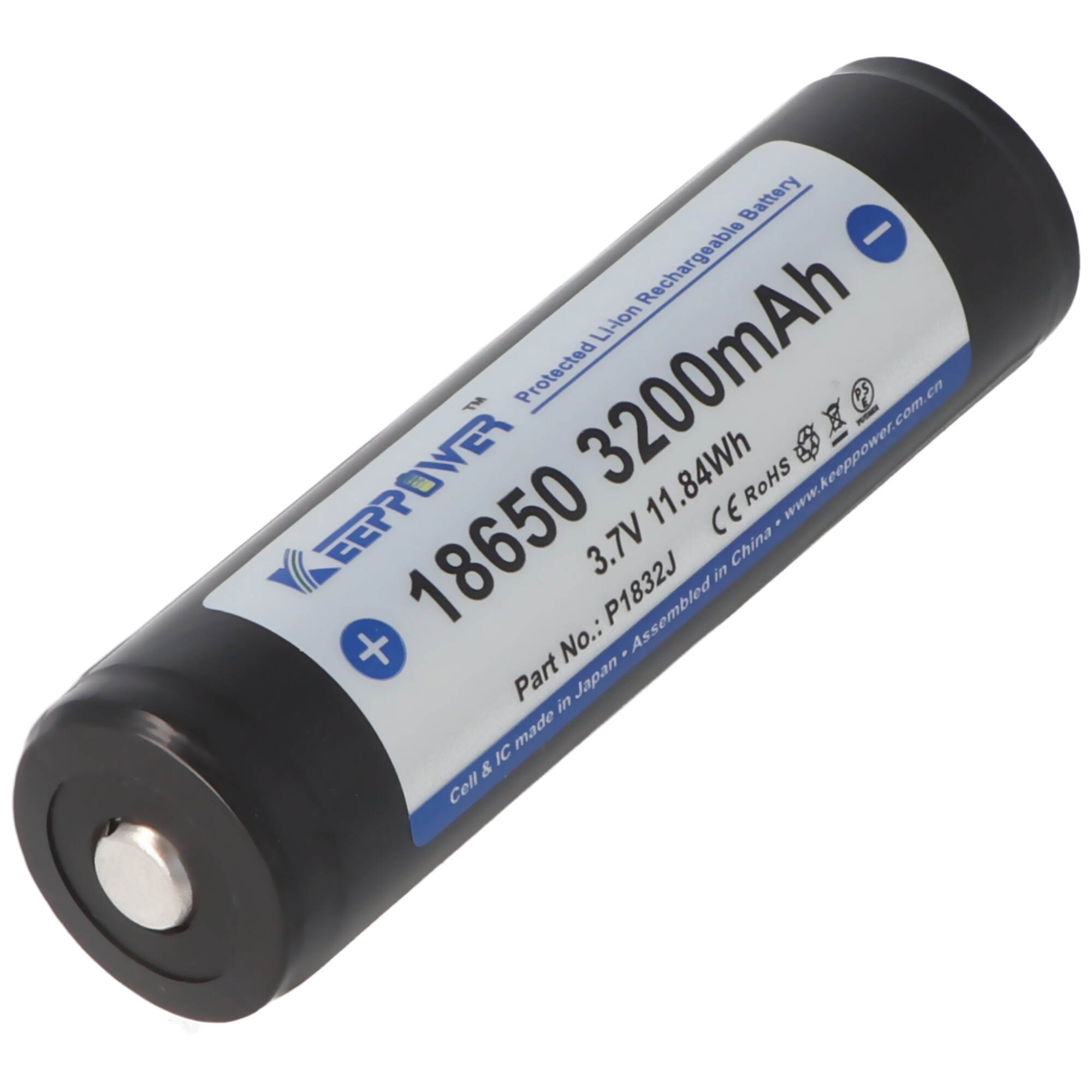 Schwarze zylindrische Batterie mit Text, darunter "18650 3200mAh", und einem Plus- und Minuszeichen.