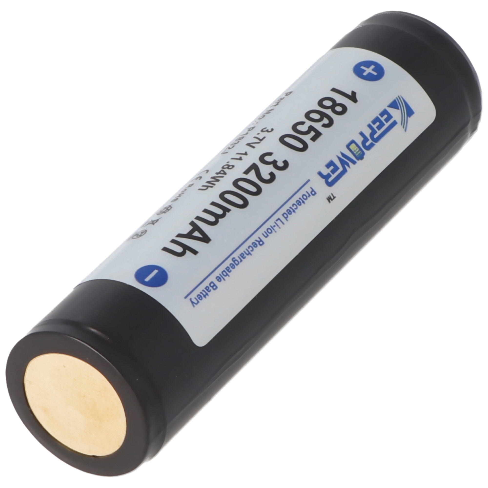 Eine schwarze 18650 3200mAh Batterie. Sie hat weiße und blaue Etiketten mit Text. Die Batterie ist zylindrisch.