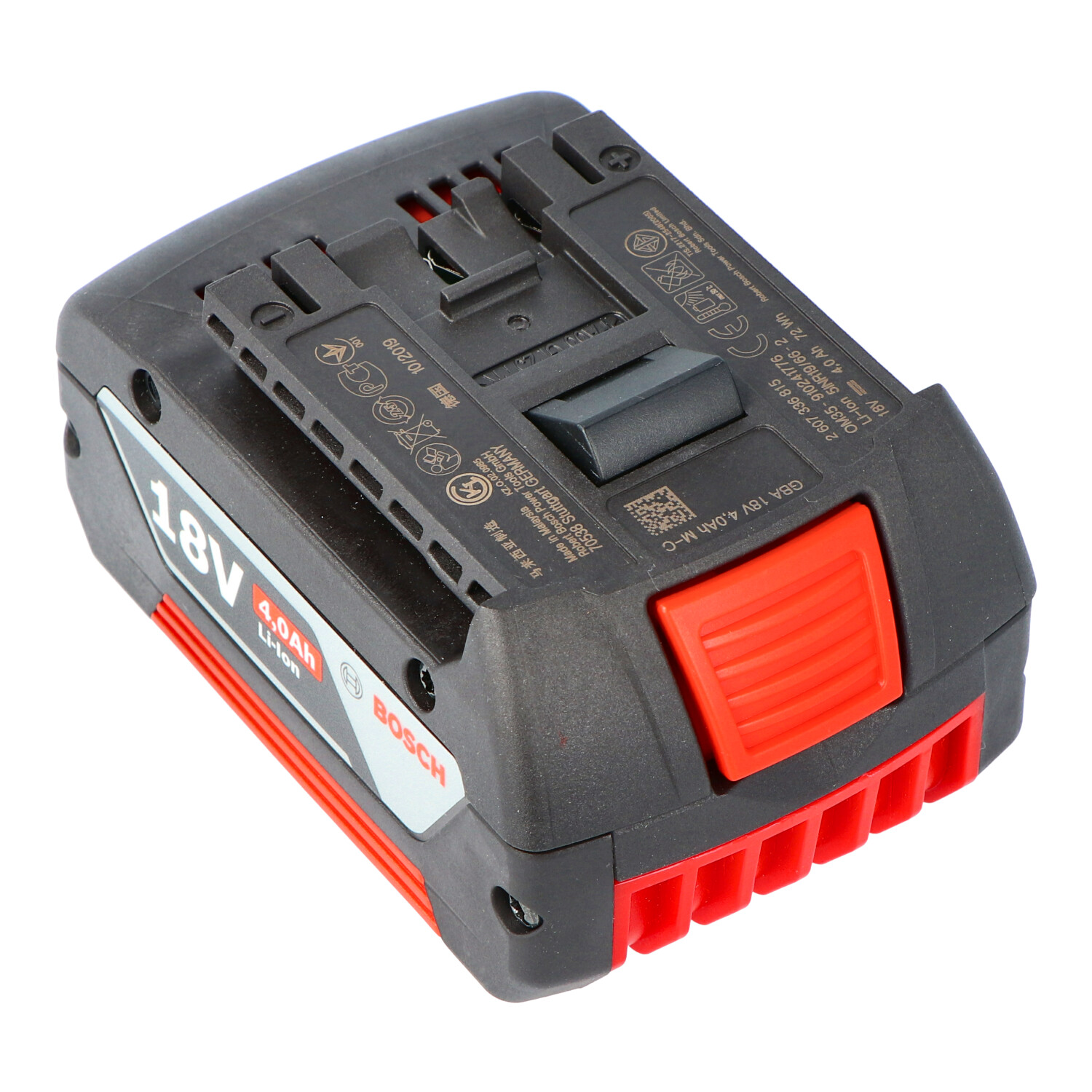 Ein schwarzes und rotes 18V Bosch Akkupack. Enthält Etiketten und technische Informationen.
