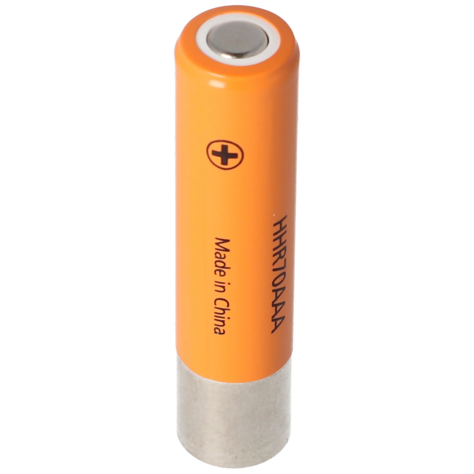 Oranje cilindrische AAA-batterij, met een plus-symbool en de tekst 'Made in China'.