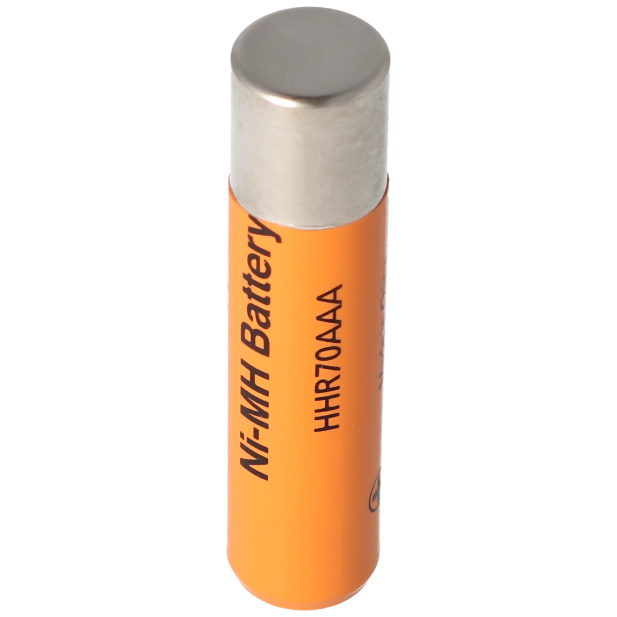 Oranje Ni-MH-batterij met metalen bovenkant. Tekst luidt Ni-MH Battery HHR70AAA.