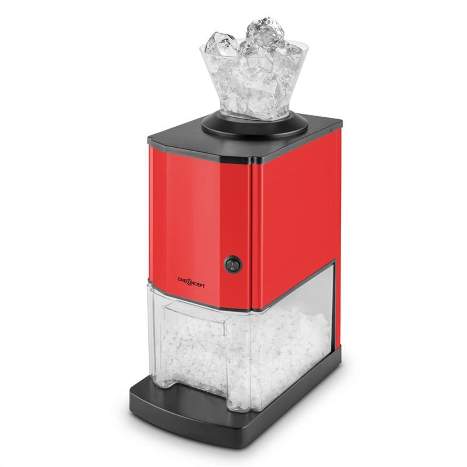 Máquina de hielo roja y negra con hielo en la parte superior e inferior.