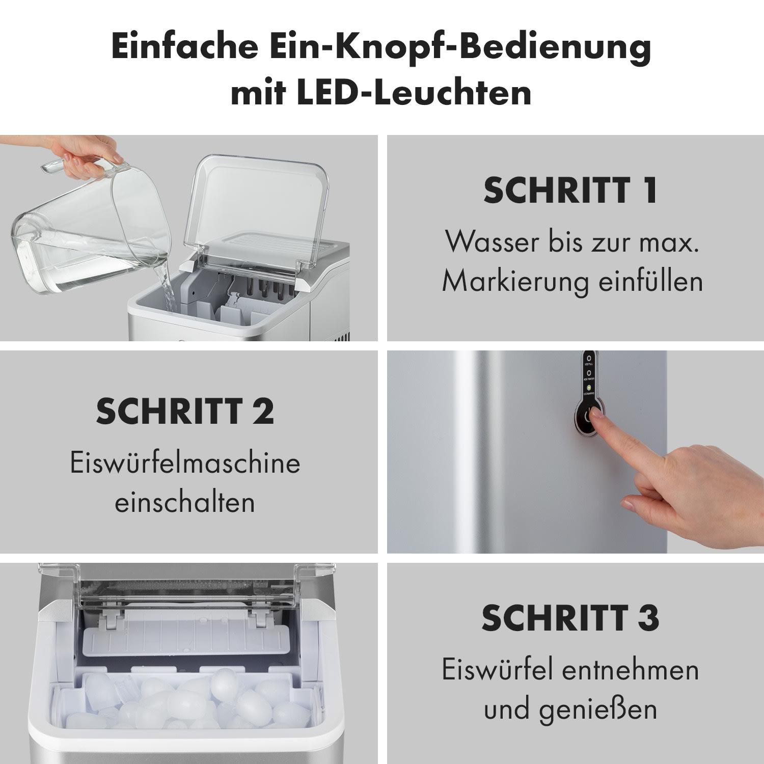 Schritte für Eismaschine: Wasser einfüllen, einschalten, Eiswürfel genießen.