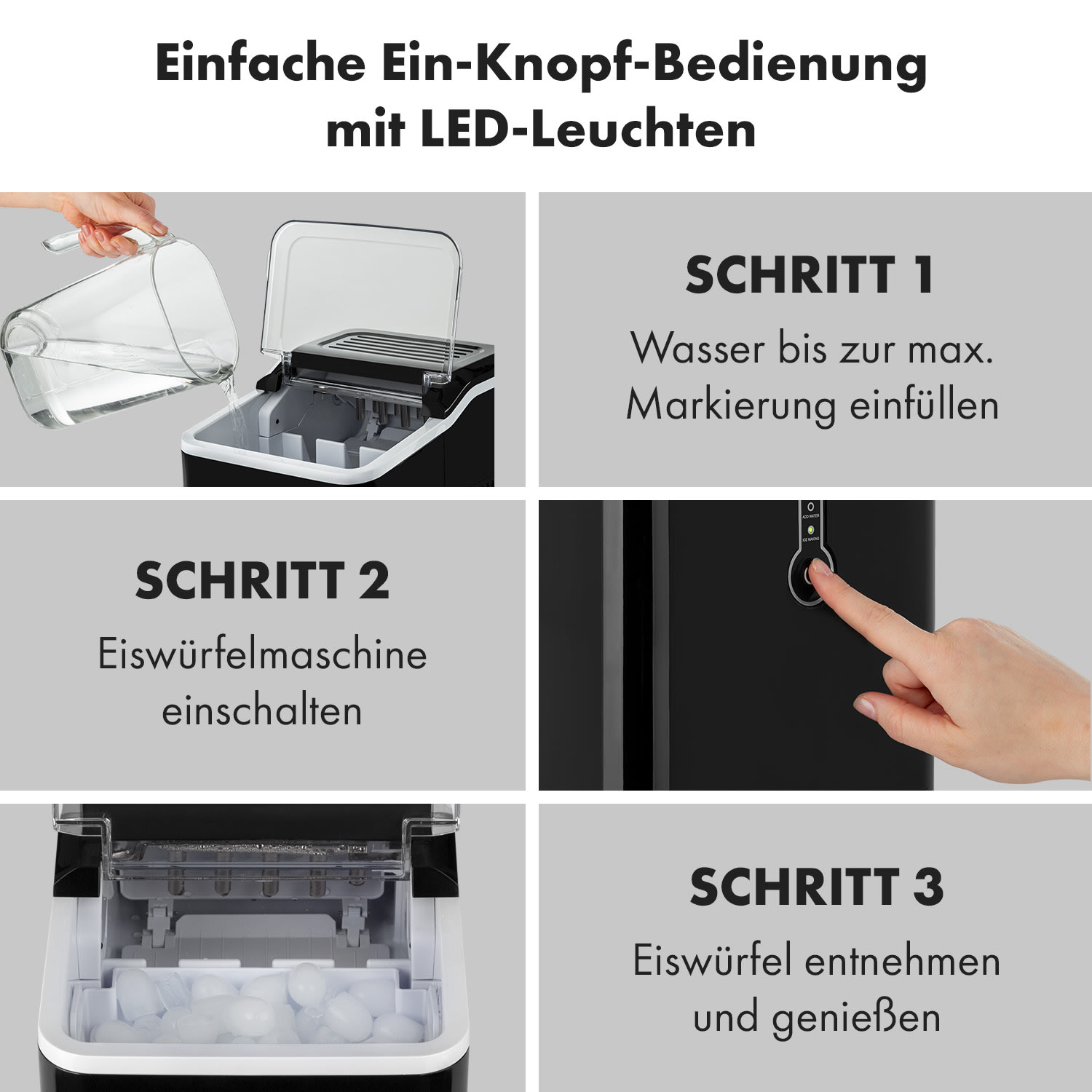 Anweisungen für einen Eisbereiter. Bilder zeigen das Befüllen mit Wasser, Einschalten und Eisentfernung.