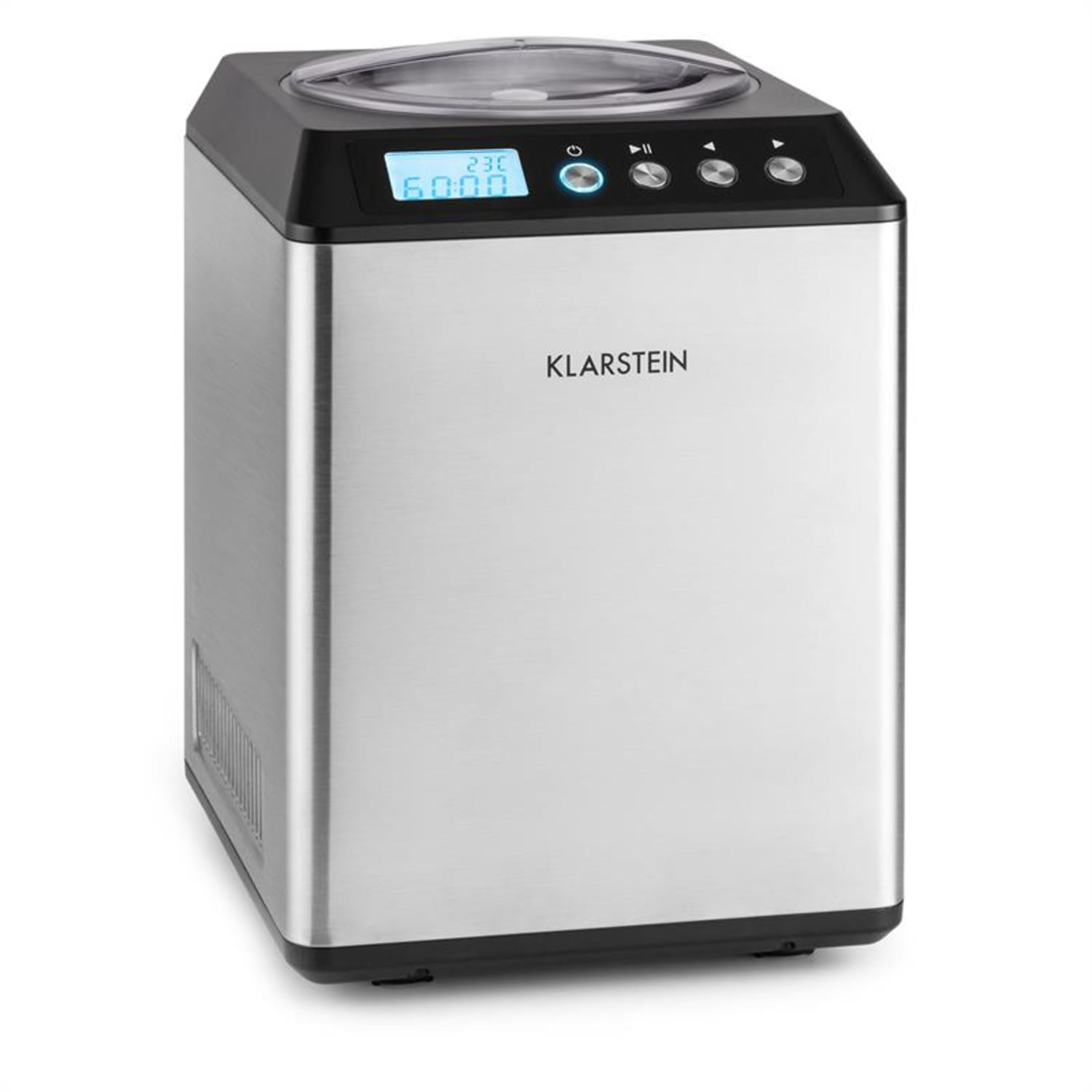 Silberne Eismaschine mit schwarzem Oberteil, Display und Knöpfen. 'Klarstein' Logo sichtbar.