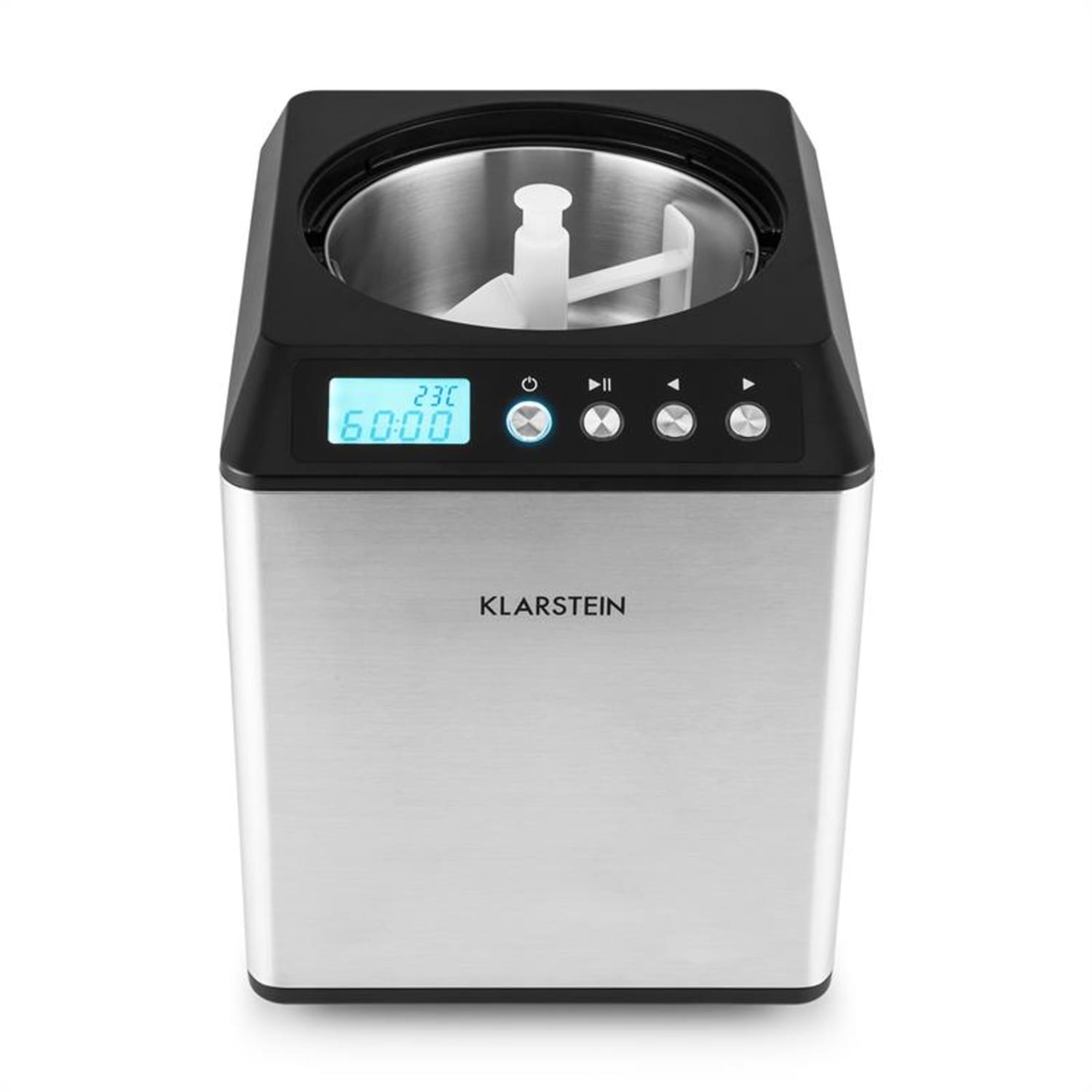 Silberner und schwarzer Eisbereiter. Er hat ein digitales Display, Bedienelemente und ein Klarstein-Logo.