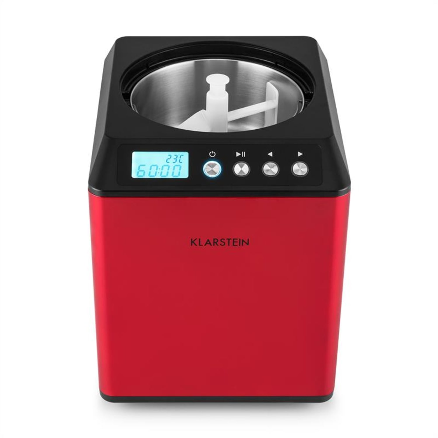 Gelatiera rossa e nera. Un mixer bianco al centro. Il display è in alto.