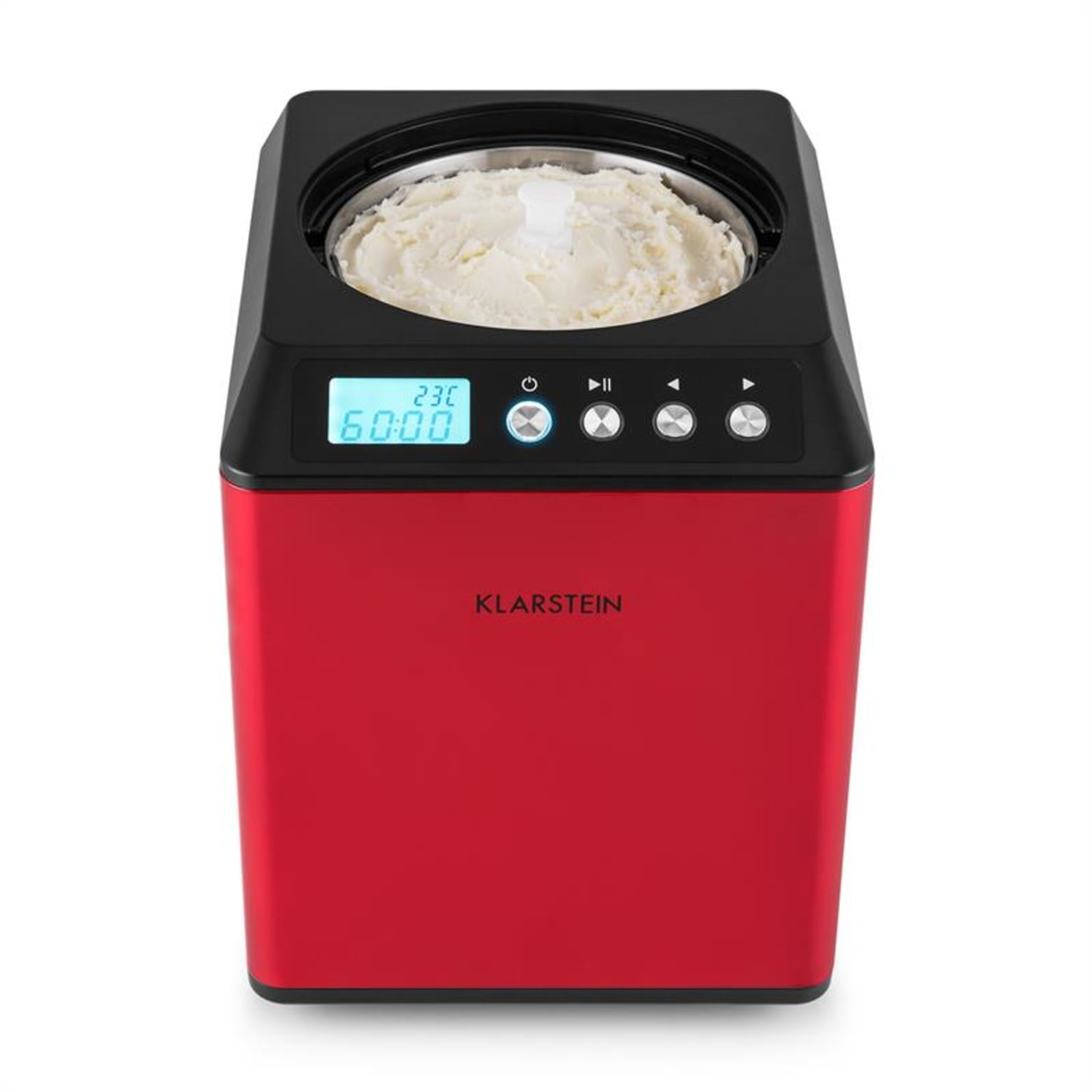 Gelatiera rossa con parte superiore nera. Il display digitale mostra tempo e temperatura. Gelato bianco all'interno.