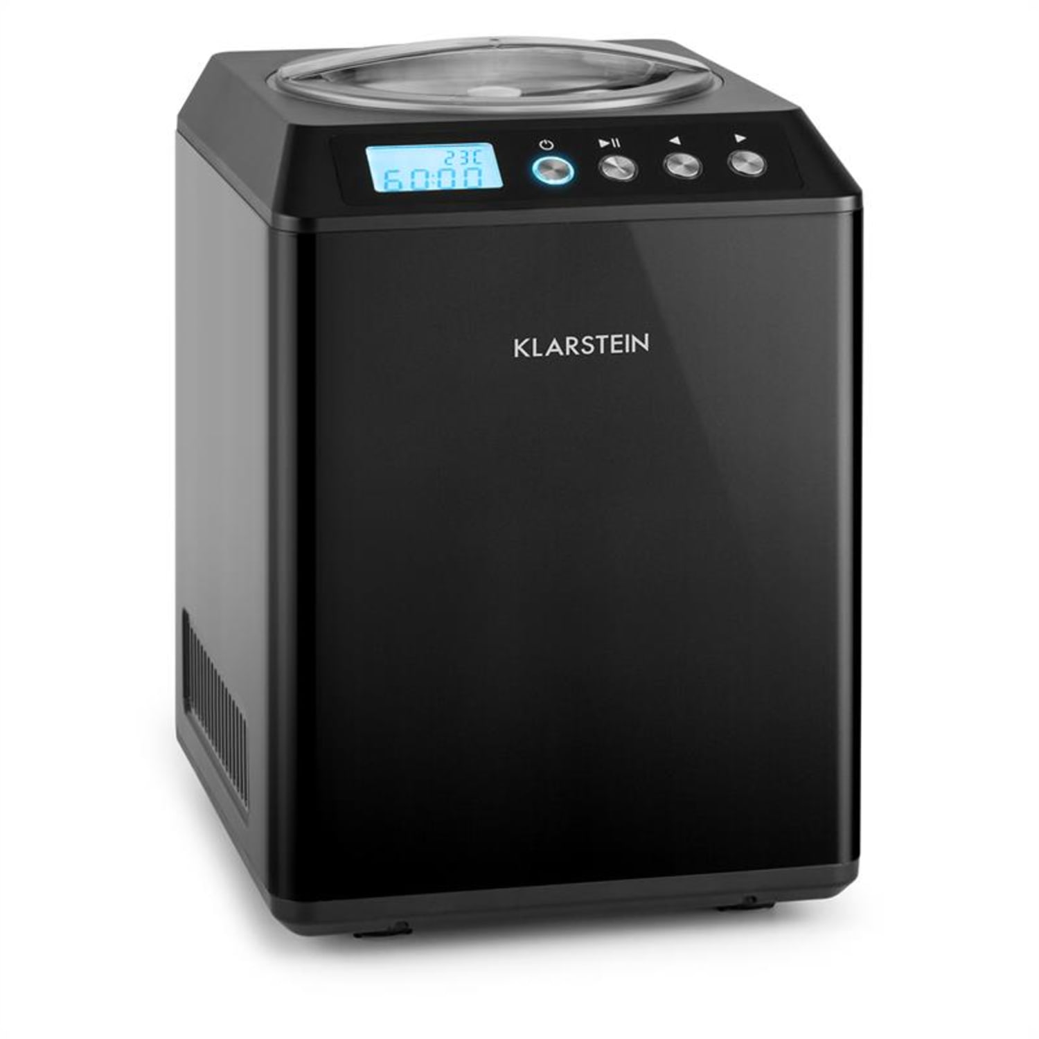 Schwarze Eismaschine mit Digitalanzeige und Bedienknöpfen. Weißer Hintergrund.