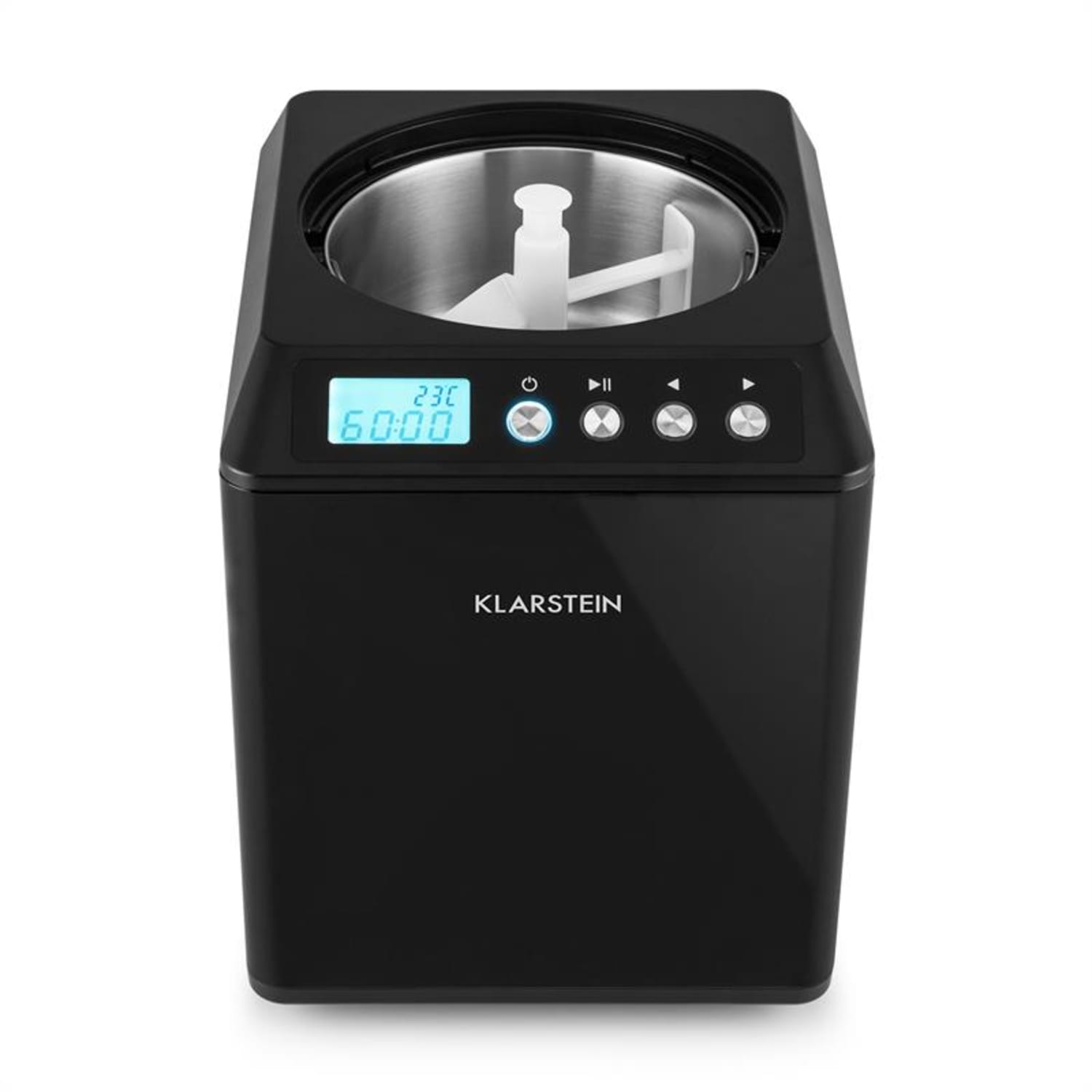 Schwarze Eismaschine. Digitales Display und Knöpfe. Auf weißem Untergrund.