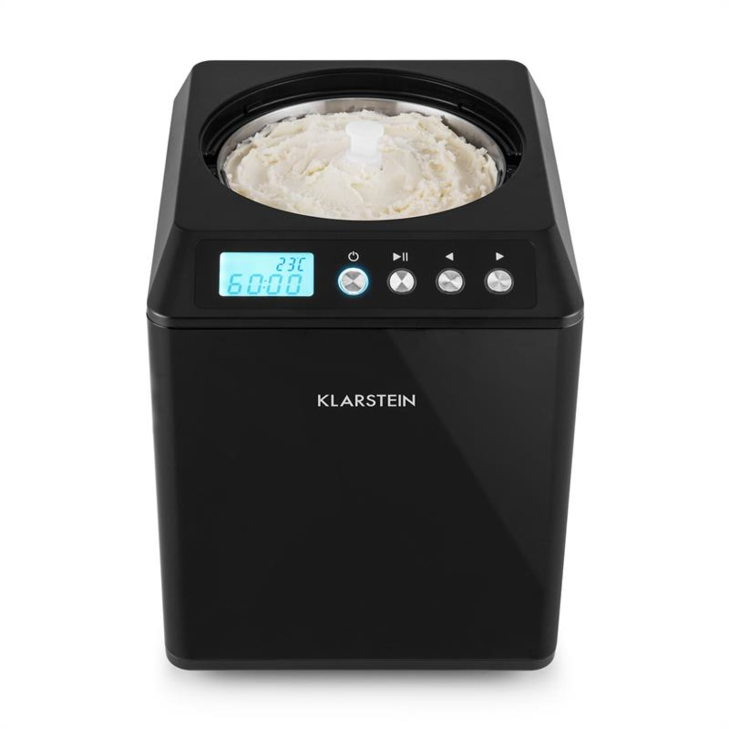 Schwarze Eismaschine mit digitaler Anzeige. Enthält weißes Eis.