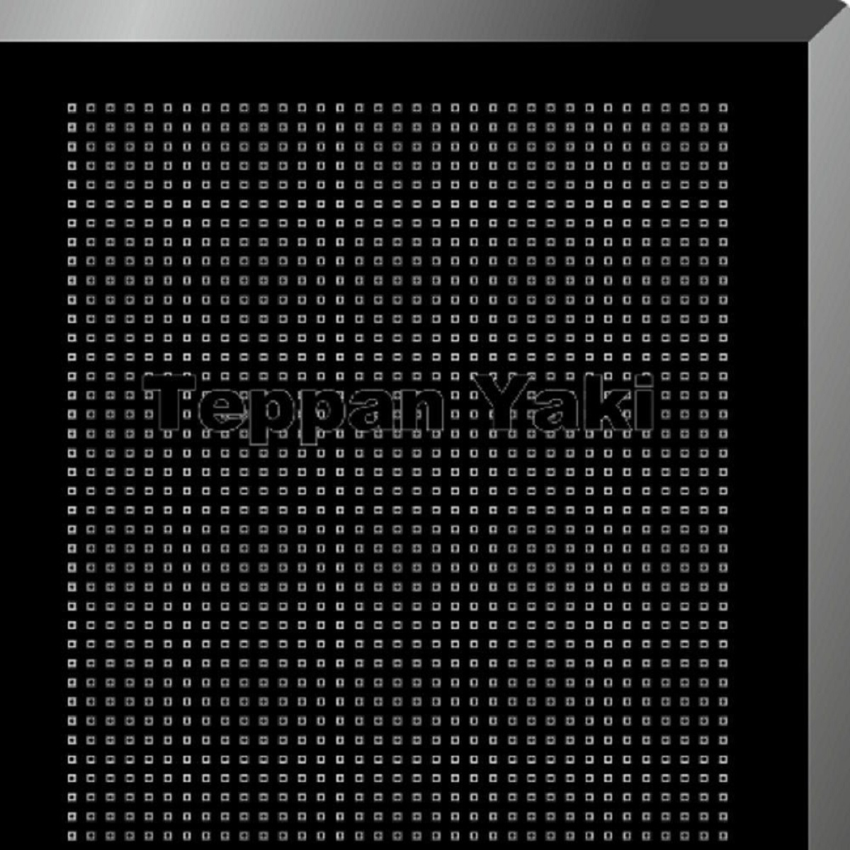 Fondo negro con un logotipo de puntos blancos y las palabras "Teppan Yaki" escritas.