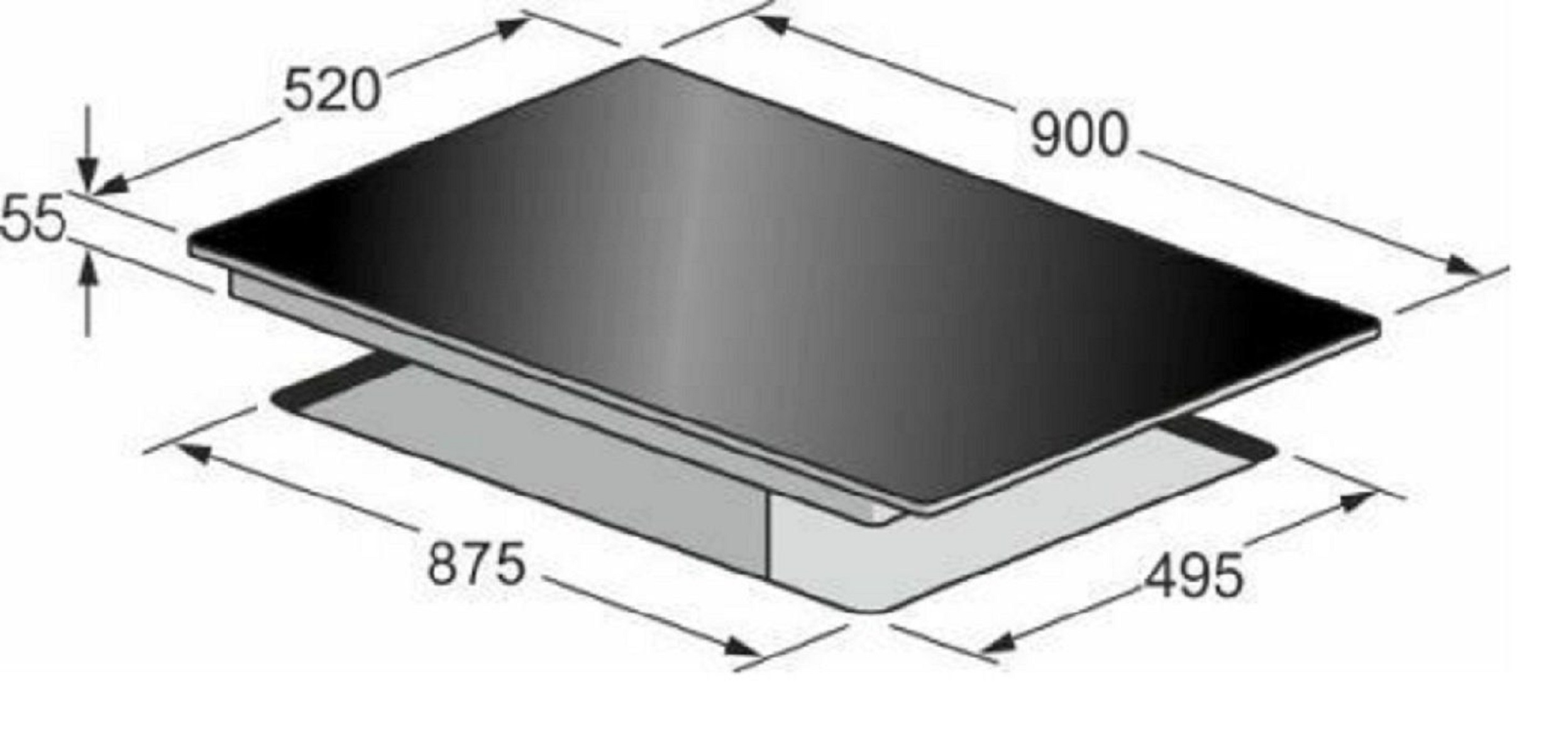 Vista superior de una placa de inducción negra con dimensiones marcadas en blanco.