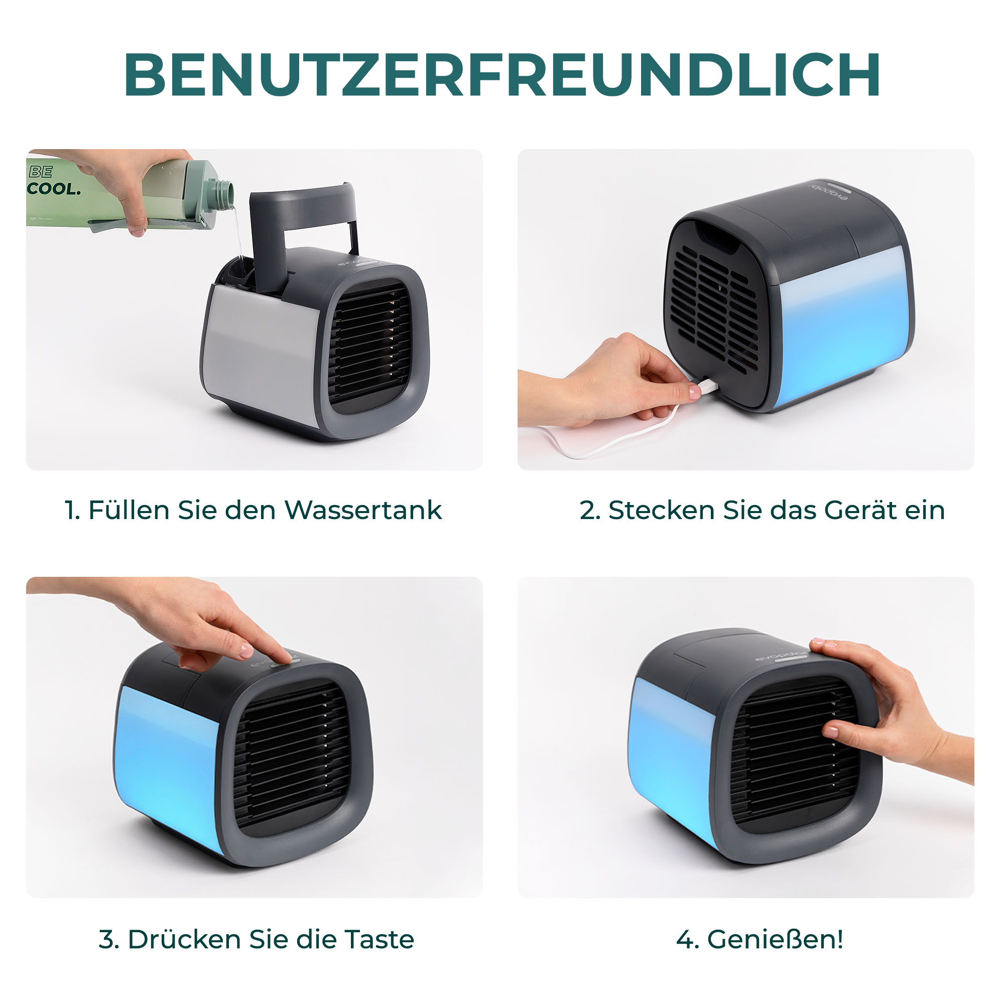 Vier Bilder, die Schritte zur Verwendung eines tragbaren Luftkühlers zeigen. Text: Wasser füllen, einstecken, Taste drücken, genießen.