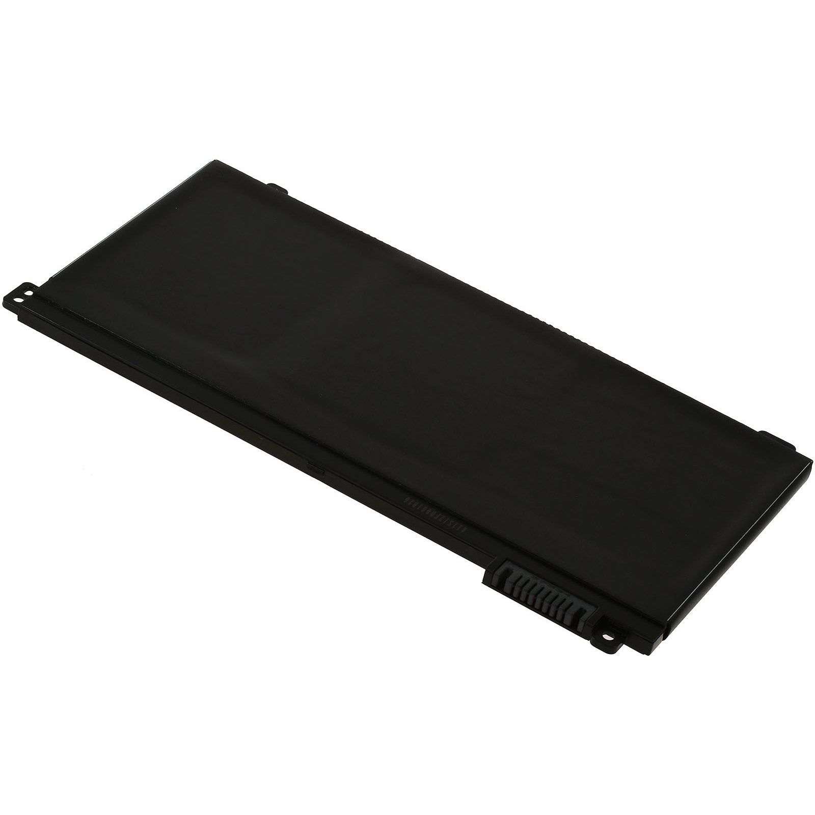 Una batería de portátil negra sobre una superficie blanca. Es rectangular, con un pequeño conector lateral.