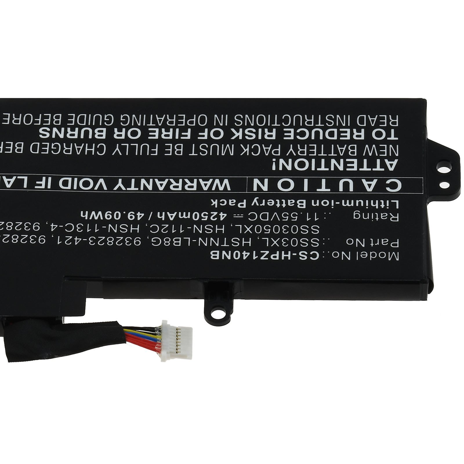 Schwarzer rechteckiger Akku mit weißem Text und Stecker. Der Akku hat Sicherheitshinweise.