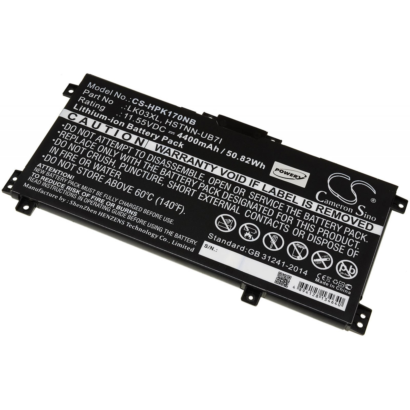 Laptop-Akku mit Warnhinweisen und Informationen zu den Batteriespezifikationen.