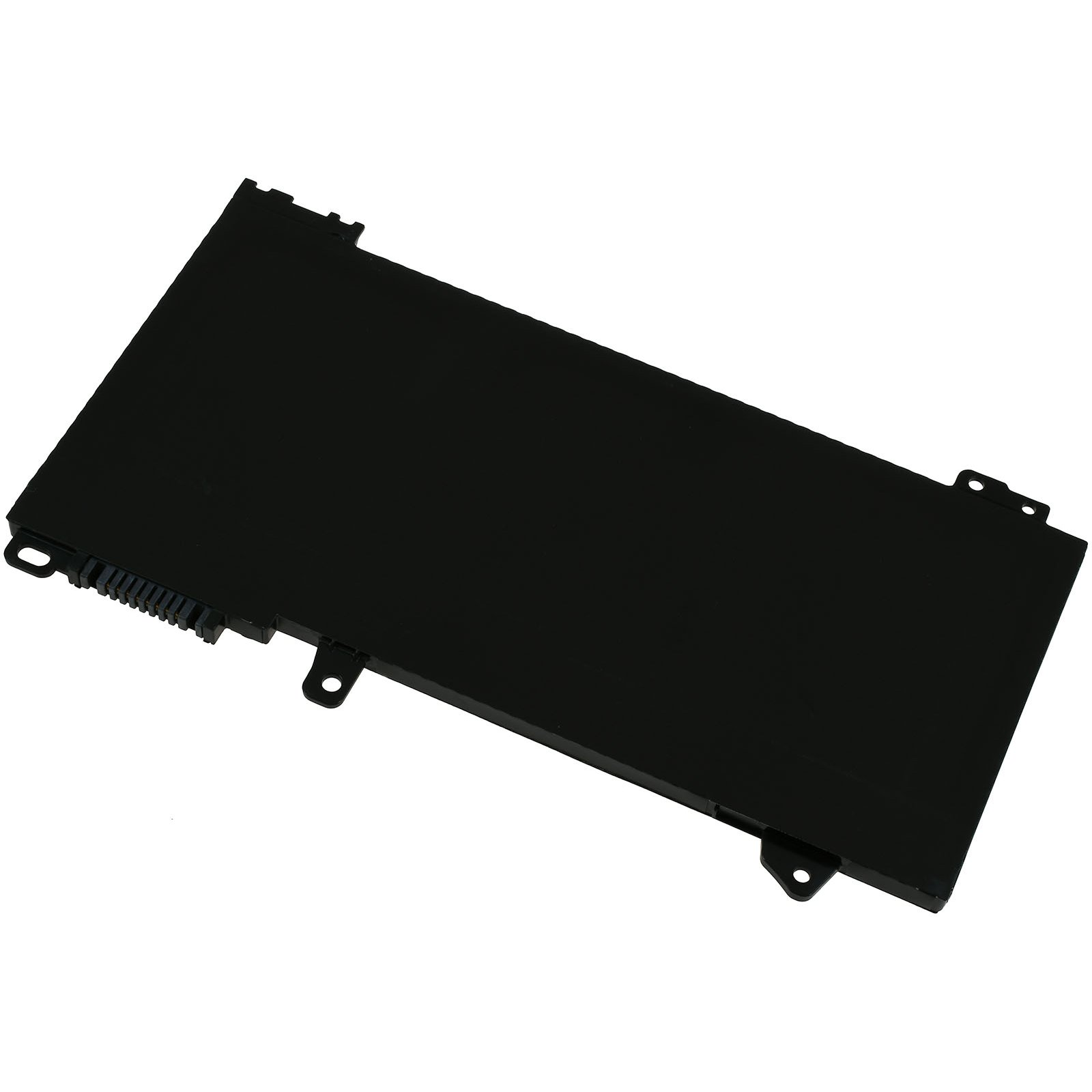 Batería negra para portátil, rectangular con lados angulados. Fondo blanco. Perspectiva superior.