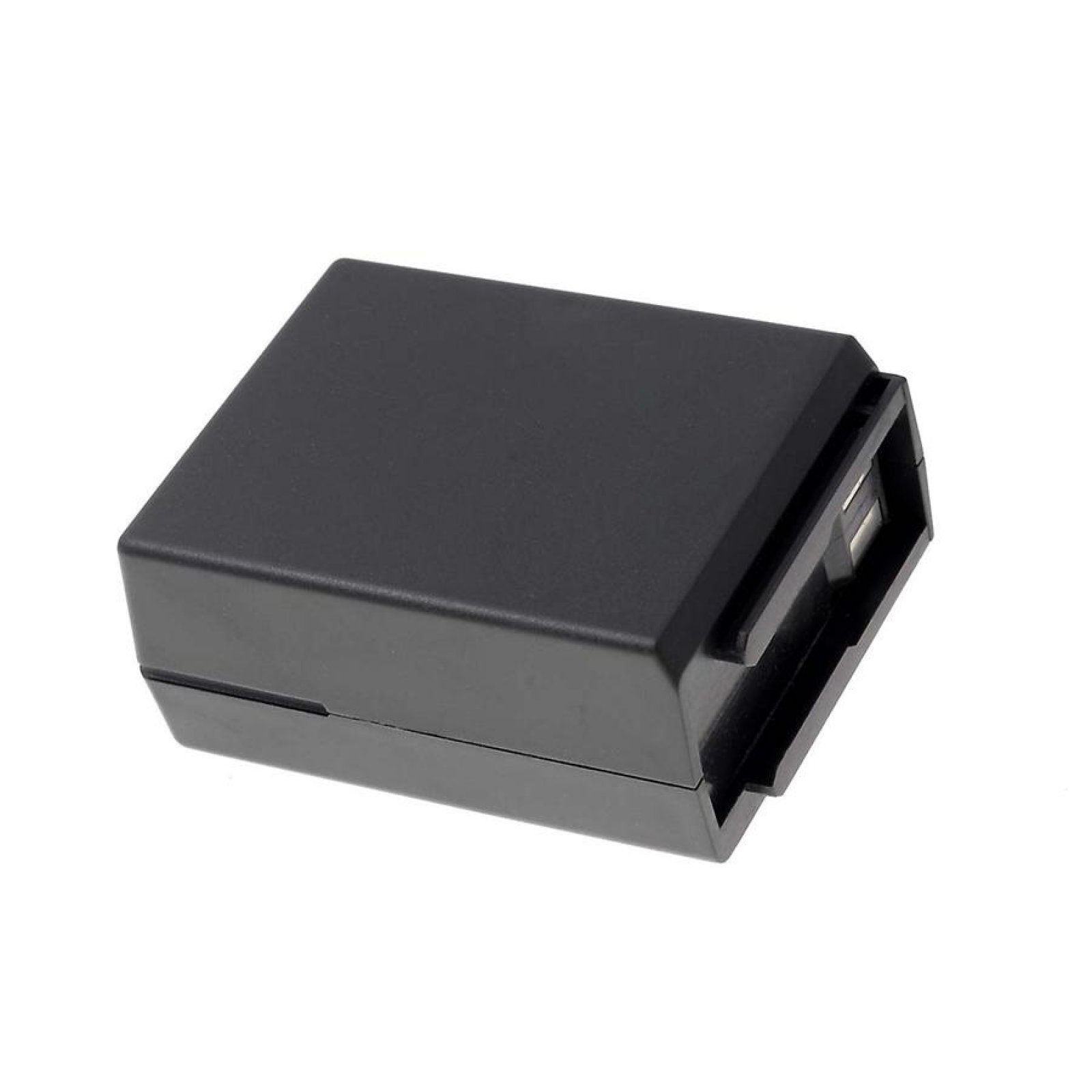 Un pequeño dispositivo rectangular negro, posiblemente una batería, visto desde arriba sobre una superficie blanca.