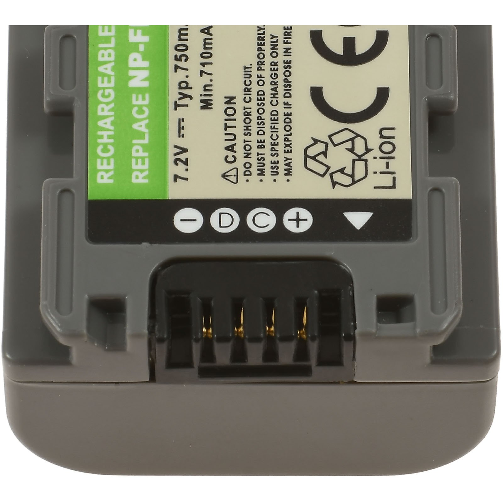 Primer plano de una batería recargable gris con texto y conectores.