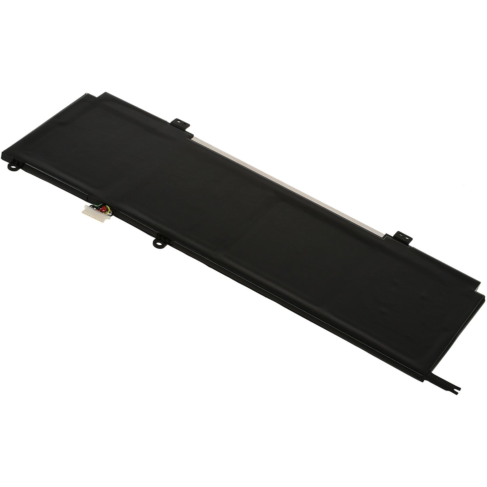Una batería negra de portátil sobre superficie blanca. Es rectangular.