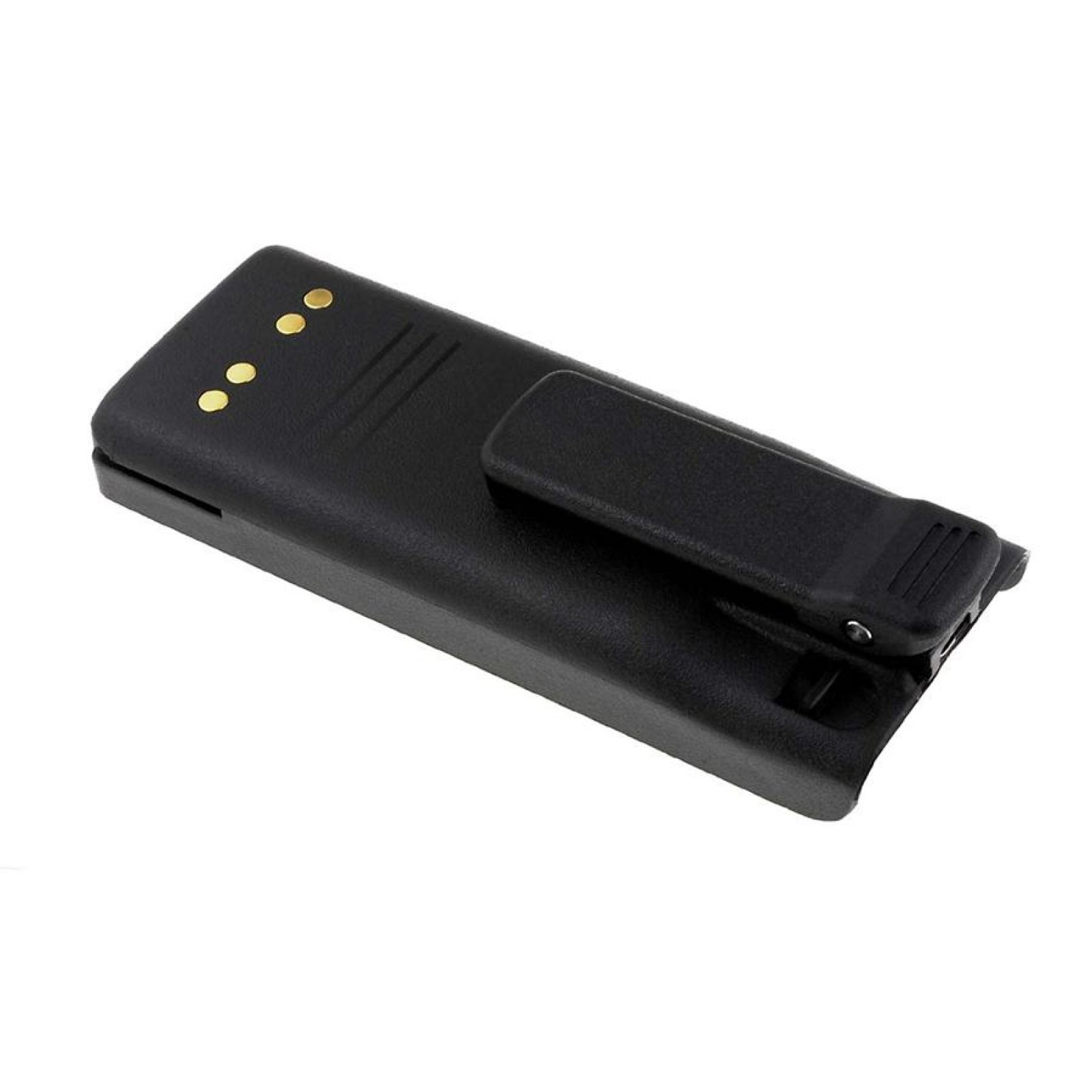 Una batería rectangular negra con un clip lateral y cuatro puntos de contacto dorados en la parte superior.